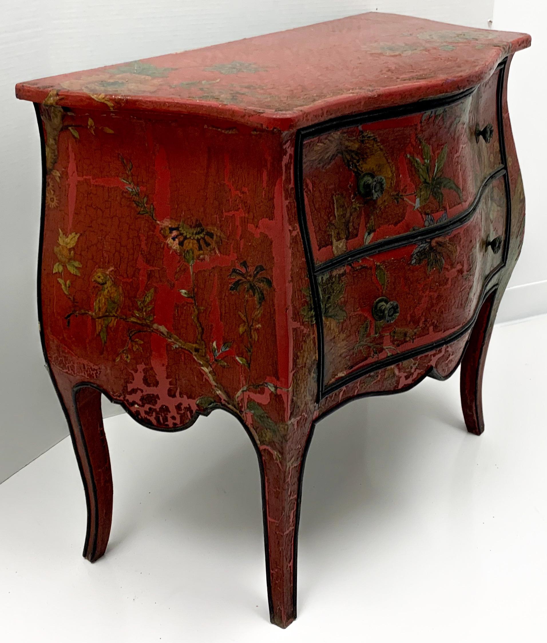 Louis XVI Antique French Red Chinoiserie Bombe Chest of Drawers with Decoupage