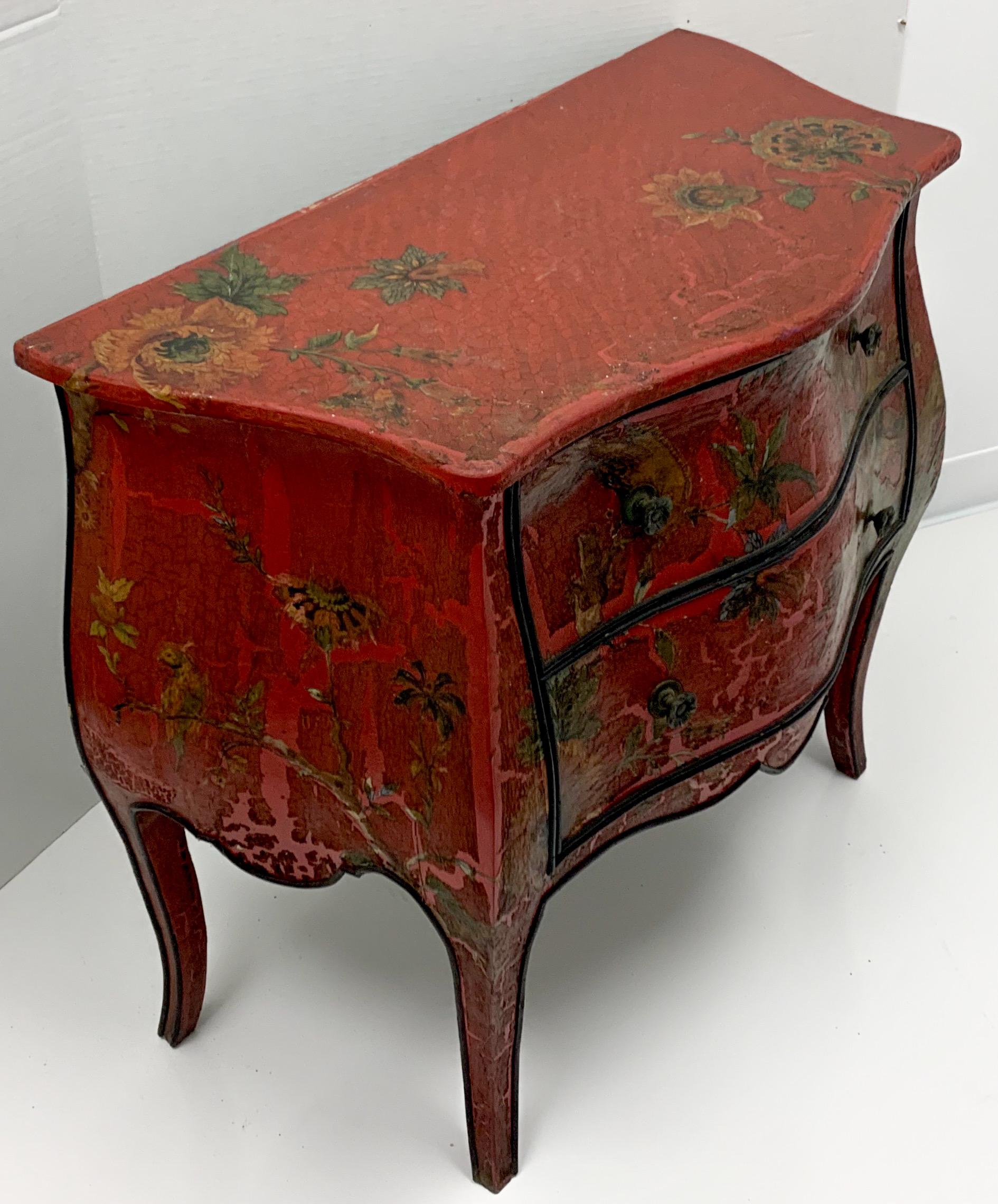 Antique French Red Chinoiserie Bombe Chest of Drawers with Decoupage In Good Condition In Kennesaw, GA