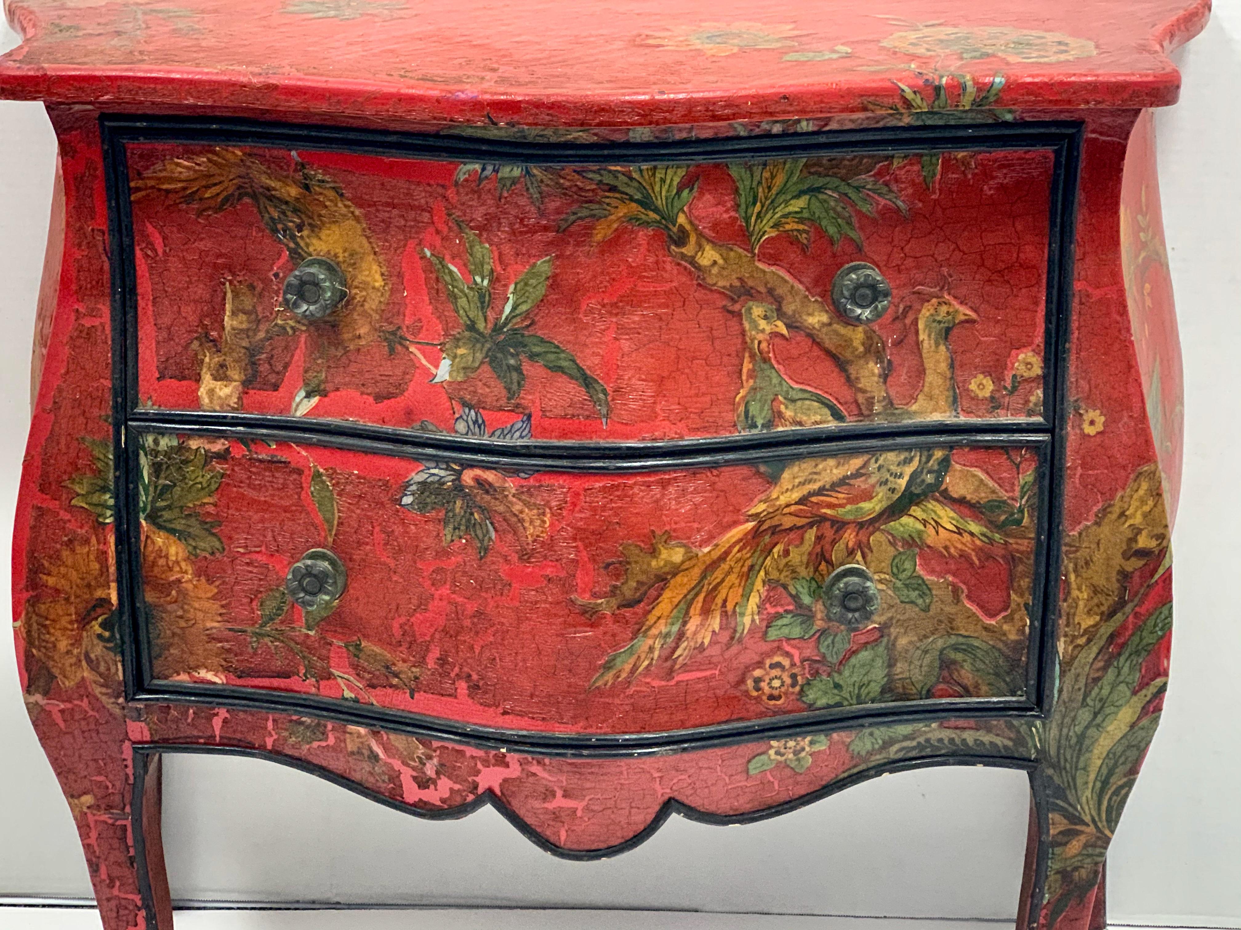 Poplar Antique French Red Chinoiserie Bombe Chest of Drawers with Decoupage