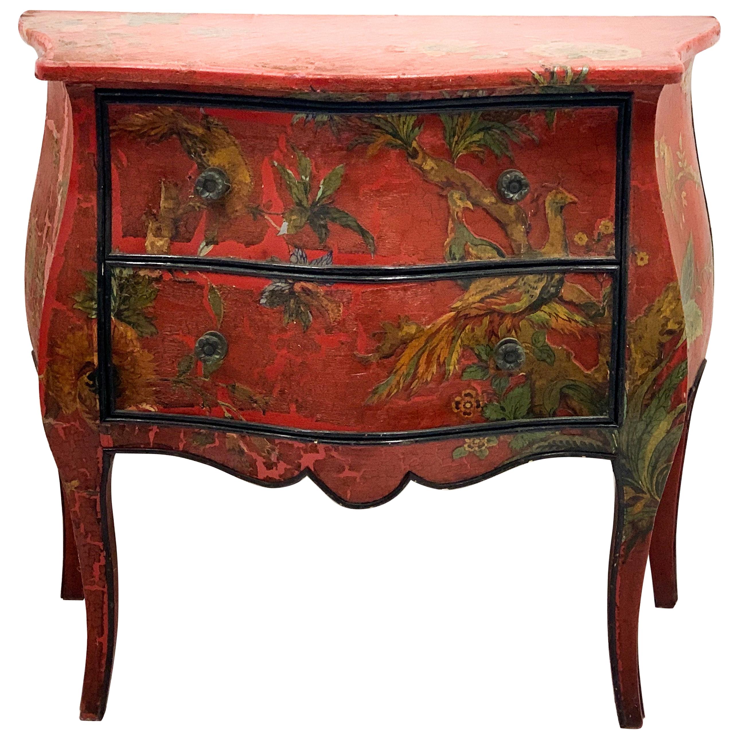 Antique French Red Chinoiserie Bombe Chest of Drawers with Decoupage