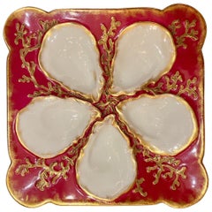 Antique French Red & Gold Limoges Porcelain Oyster Plate, Charles Field Co, 1880