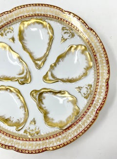 Antique French Red & Gold Porcelain Oyster Plate Signed "GDA Limoges" Circa 1900