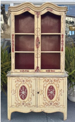 Antique French Red & Ivory Paint Decorated Wire Front Display Cabinet