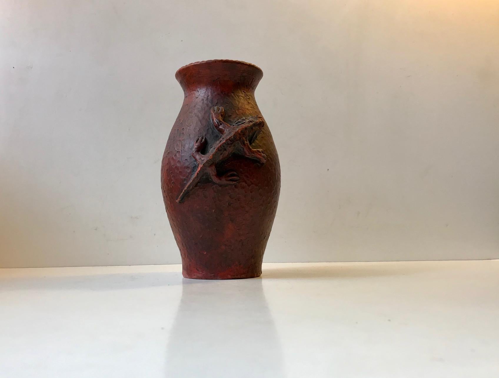 Aesthetic Movement Antique French and Red Stoneware Vase with Lizard, circa 1900