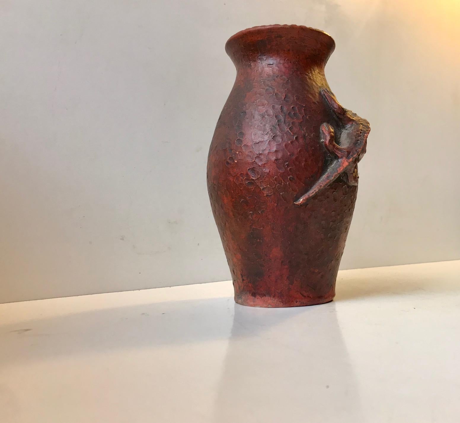 Hand-Painted Antique French and Red Stoneware Vase with Lizard, circa 1900