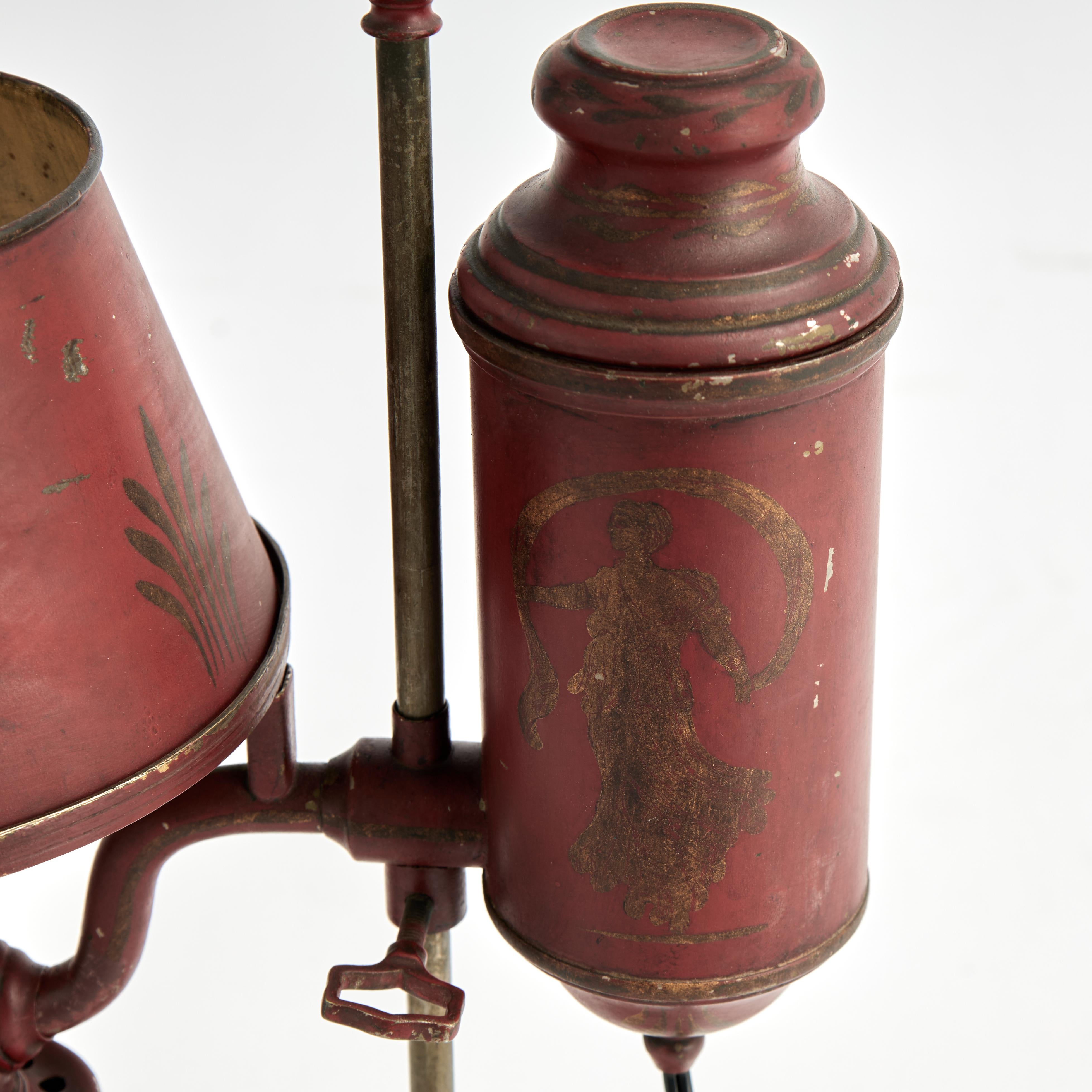 19th Century Antique French Red Tole Neo Classic Bouillotte Table Lamp For Sale