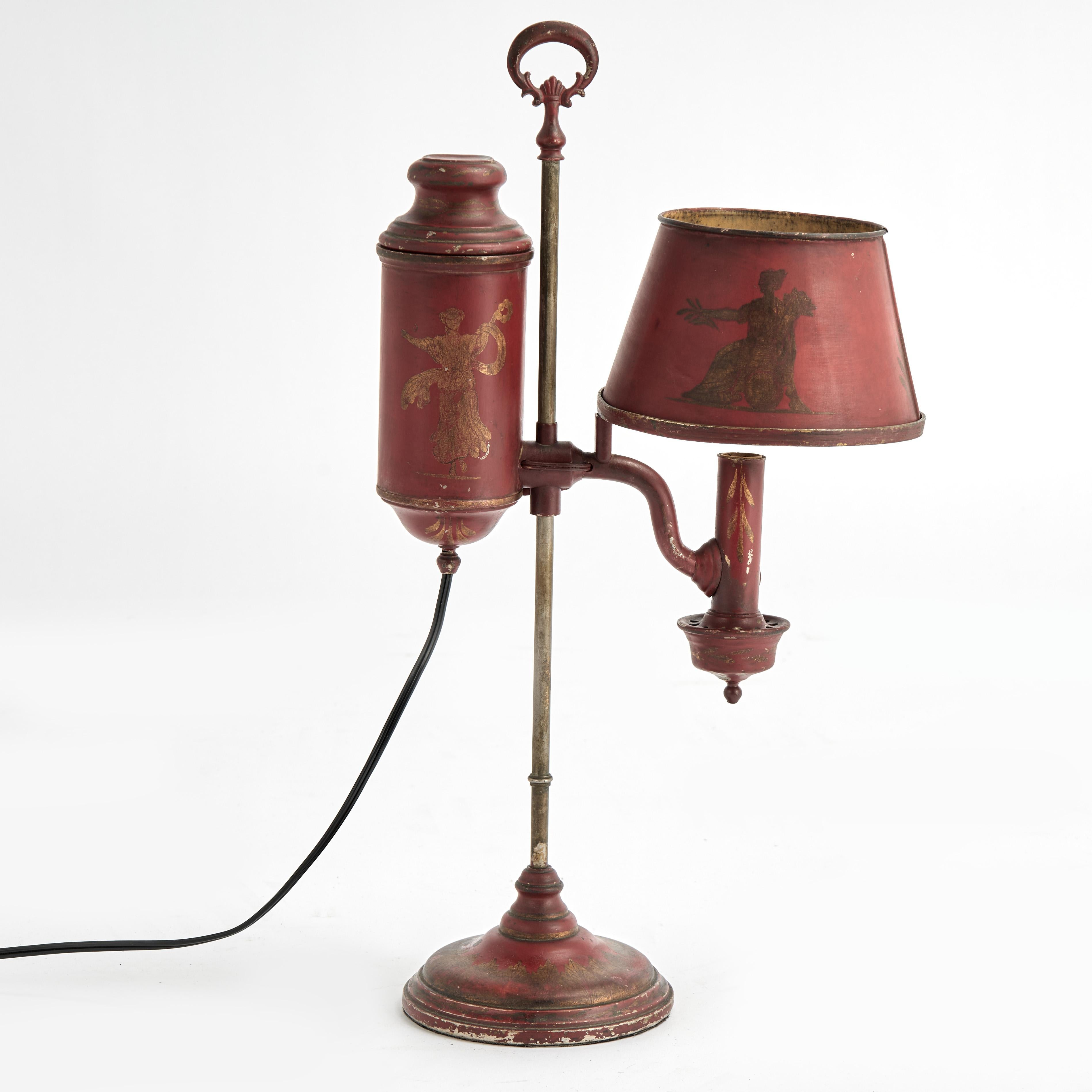 Metal Antique French Red Tole Neo Classic Bouillotte Table Lamp For Sale