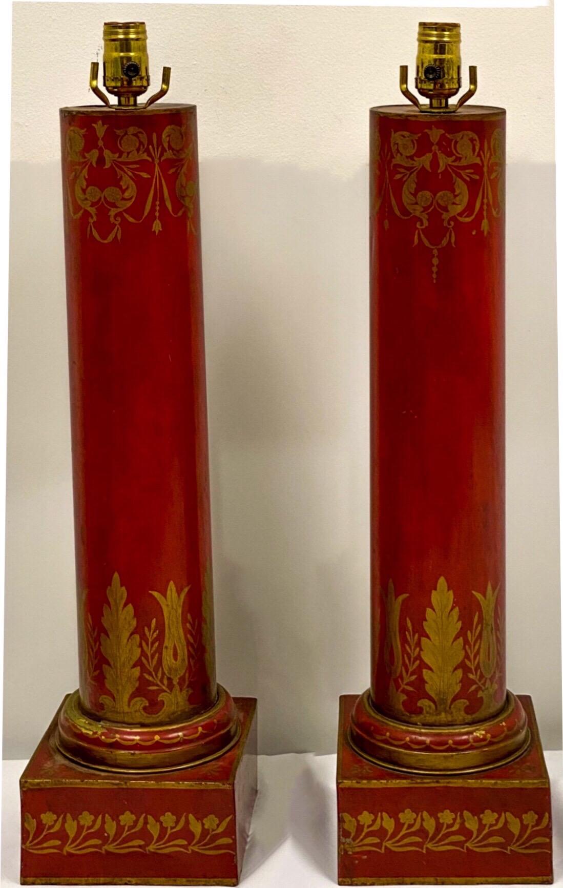 Antique French Red Tole Neo-Classical Cylinder Form Table Lamps, a Pair In Good Condition In Kennesaw, GA
