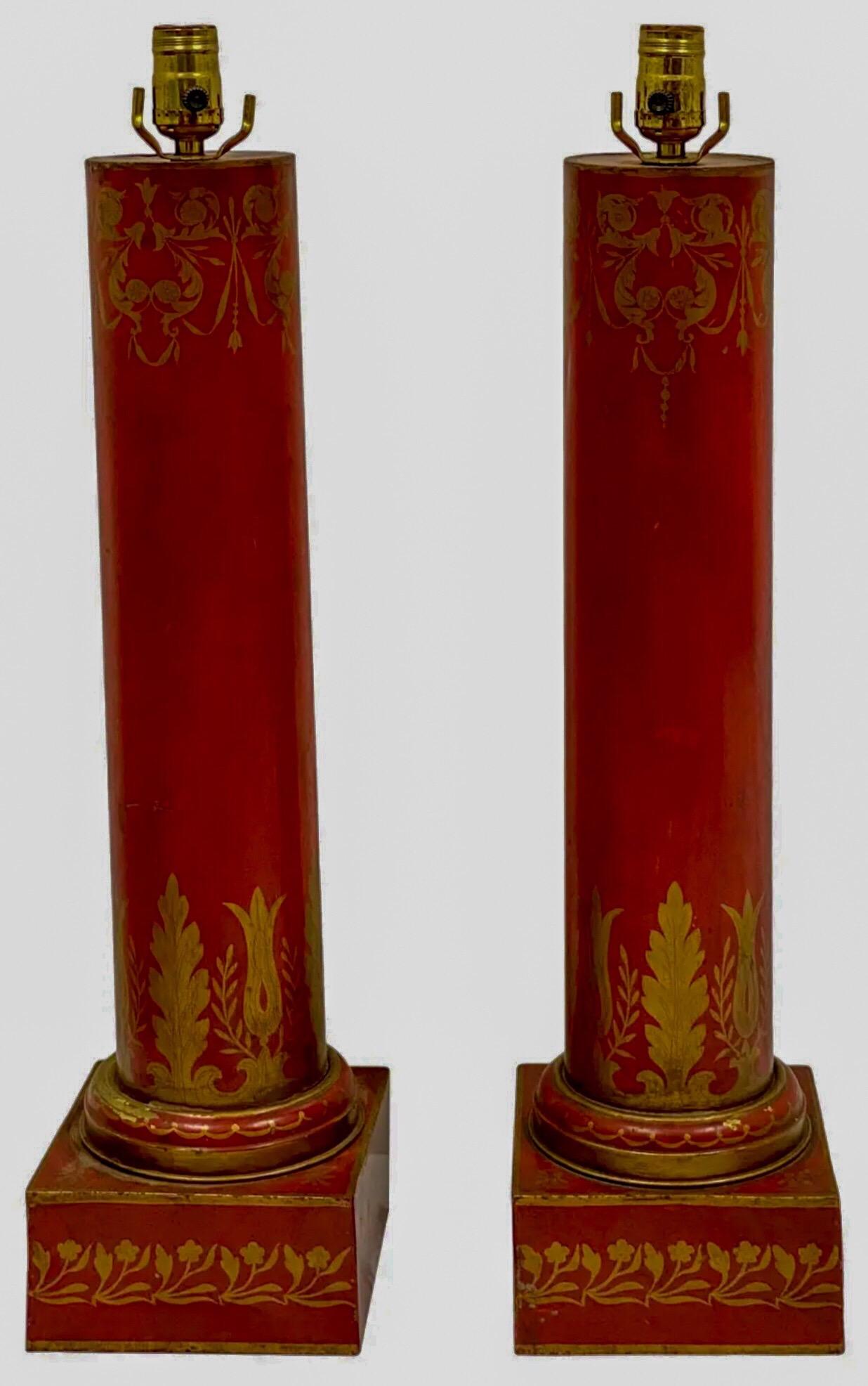 20th Century Antique French Red Tole Neo-Classical Cylinder Form Table Lamps, a Pair