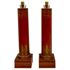 Antique French Red Tole Neo-Classical Cylinder Form Table Lamps, a Pair