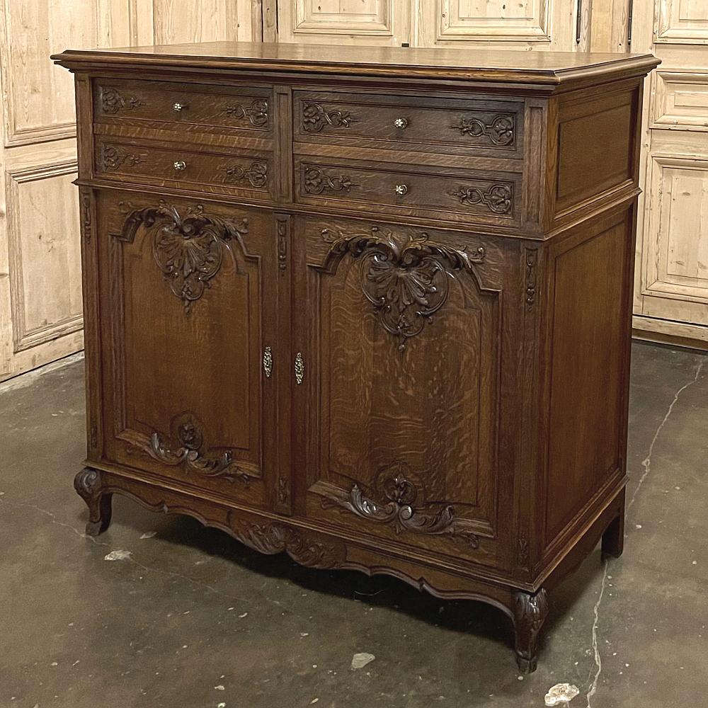 Antique French Regence buffet ~ Silver chest is a remarkably crafted piece designed to keep dining room appurtenances organized and at the ready! Four faux drawers appear at the top, which are actually two doors that open to the divided compartment,