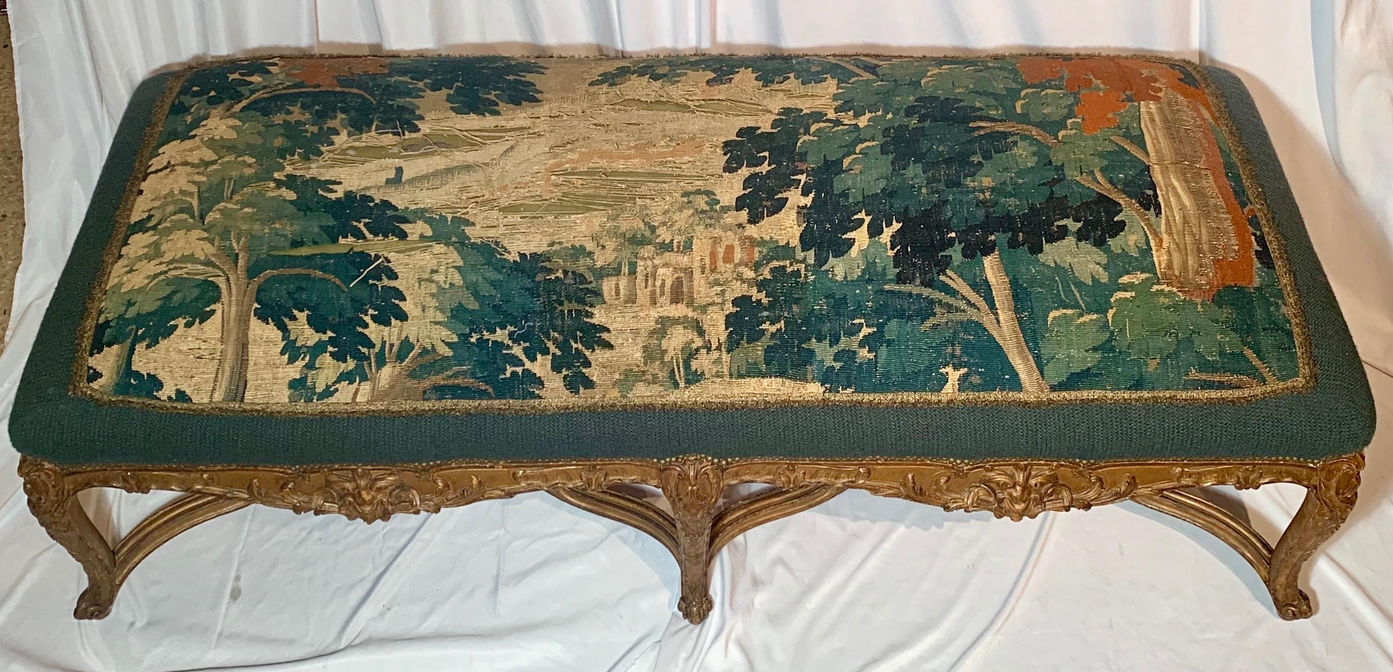 Antique Régence carved wood bench
Originally gilded, circa 1820-1840.
This piece has a well-worn partial piece of tapestry on the top.

 