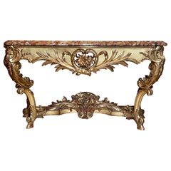 Antique French Regence Carved Wood w/ Gold Leaf & Marble Top Console, Circa 1860