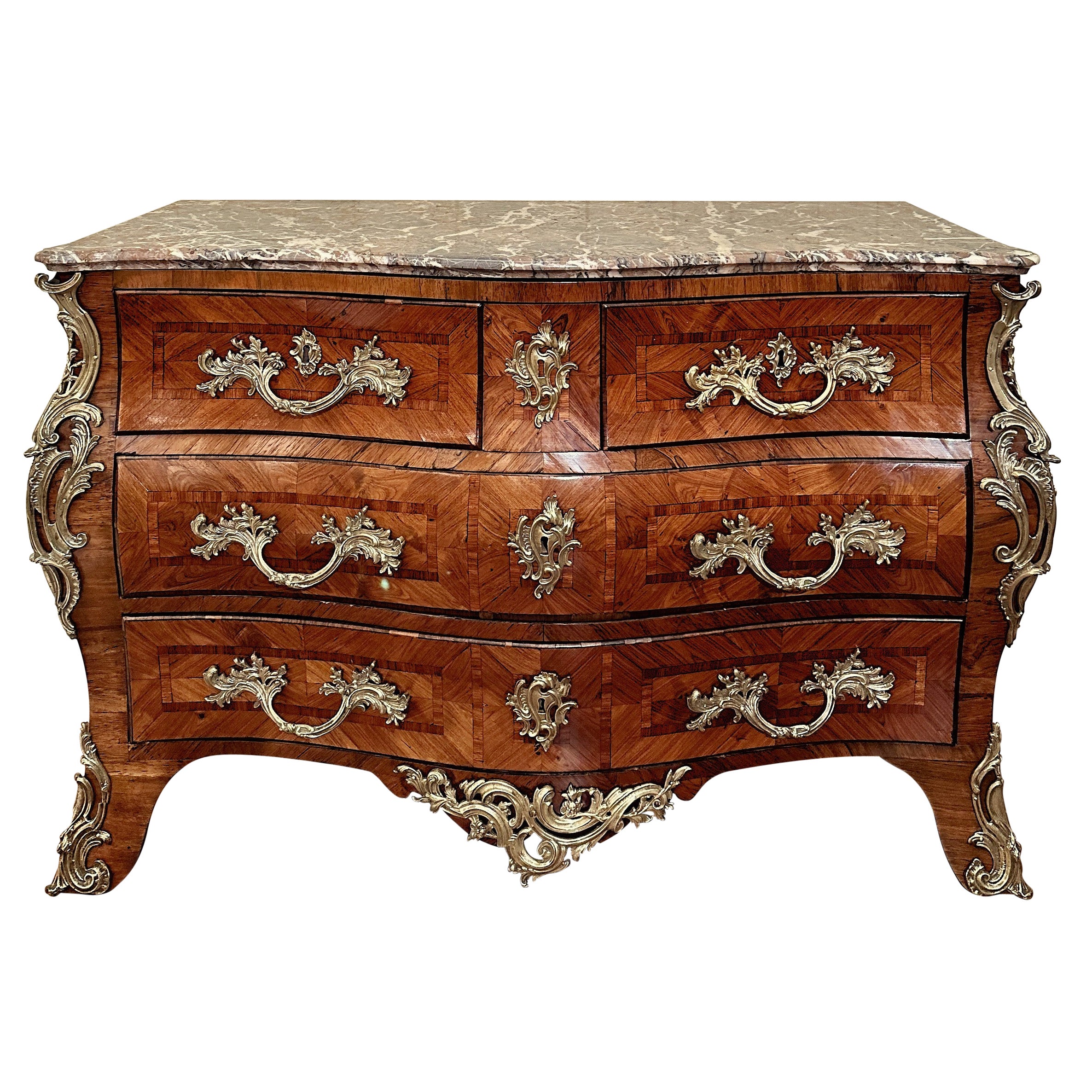 Antique French Régence Gold Bronze and Kingwood Marble Top Commode, Circa 1780.