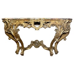 Antique French Regence Gold Leaf Console Table with Unusual Marble Top, Ca 1860s Antique French Regence Gold Leaf Console Table with Unusual Marble Top, Ca 1860s
