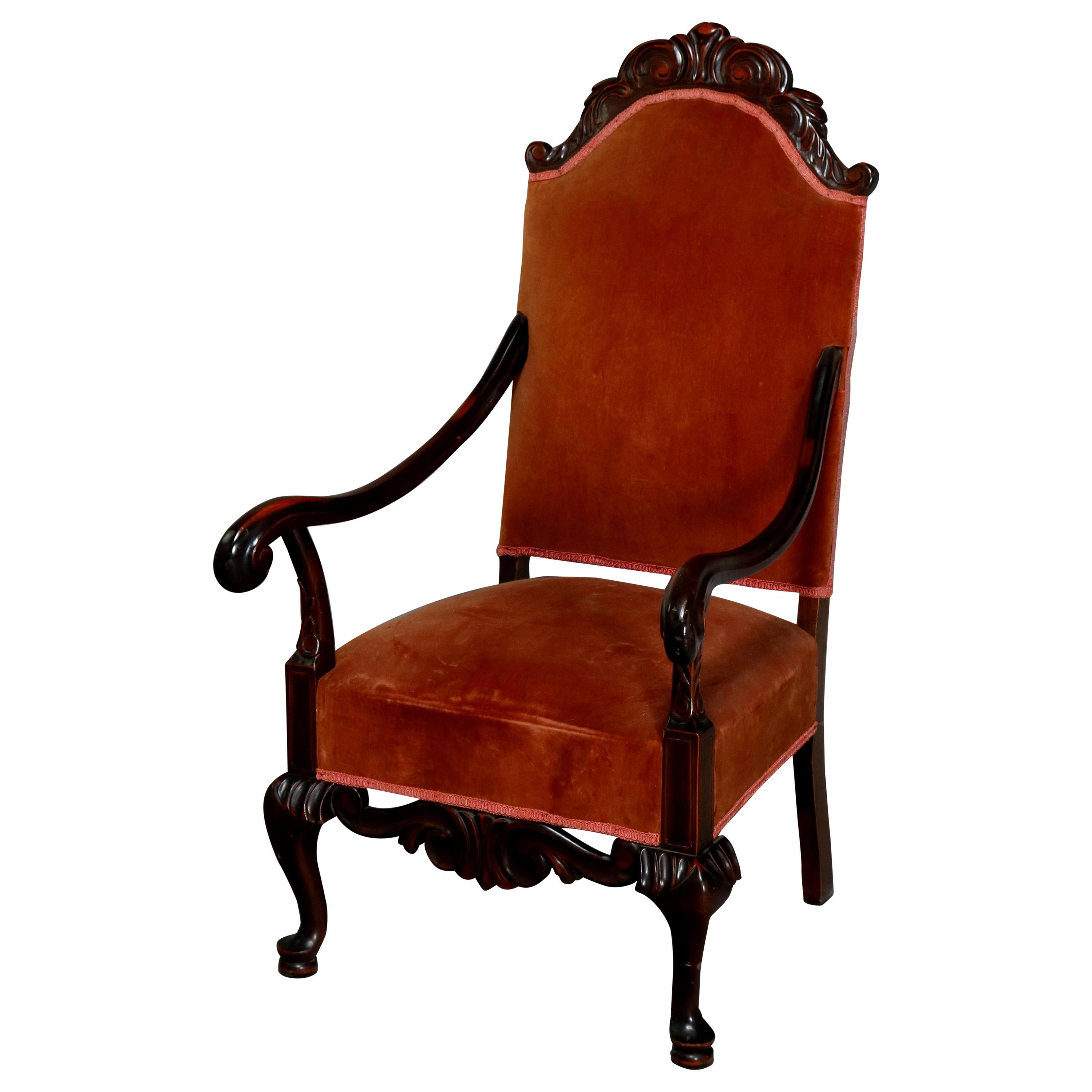 Antique French Regence Style Carved Mahogany and Upholstered Throne Chair