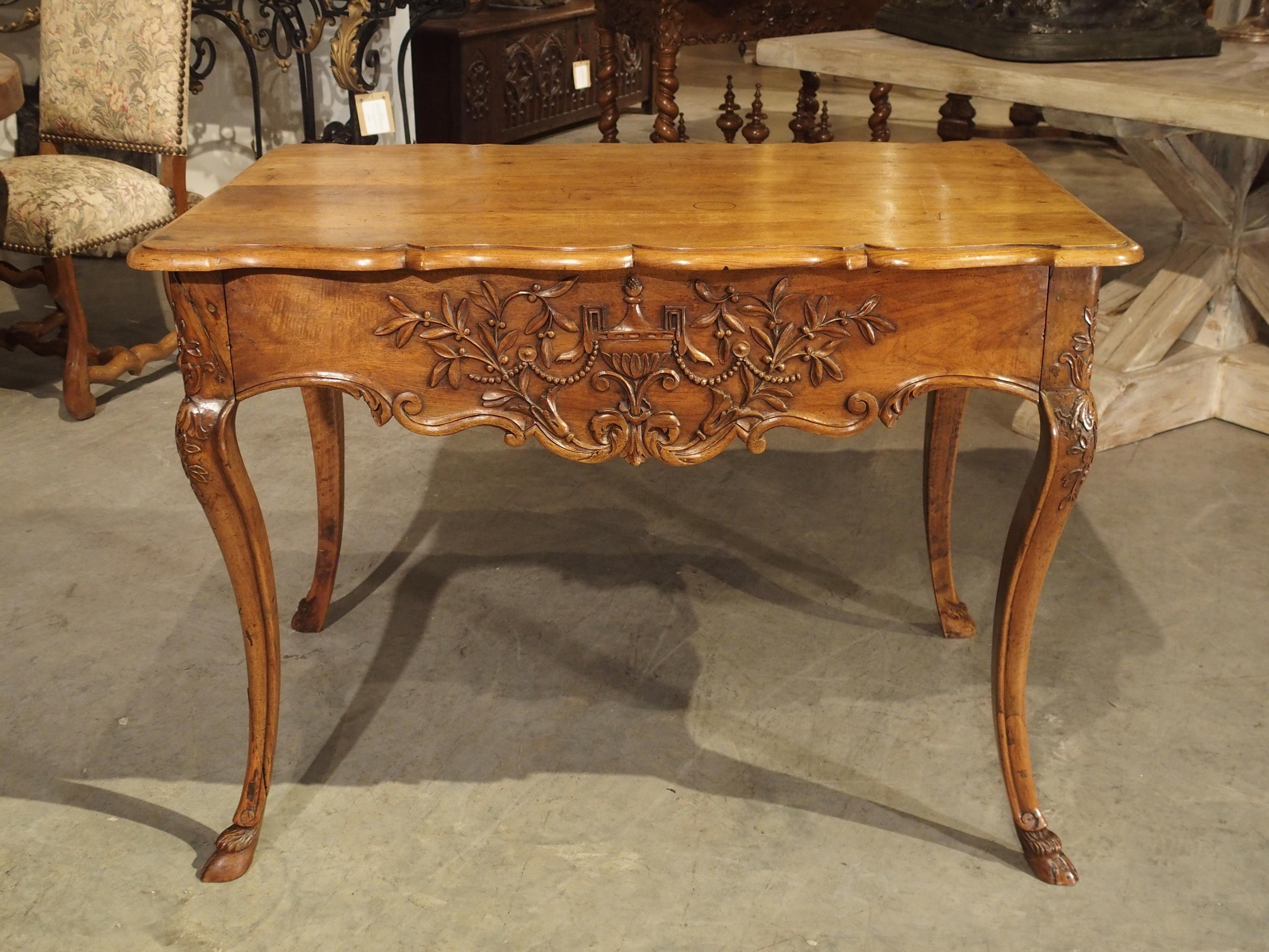 Walnut Antique French Regence Style Console Table with Front Drawer and Hoof Feet