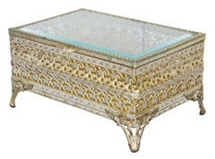 French Regency Brass Filigree Jewelry Casket Trinket Box with Beveled Glass