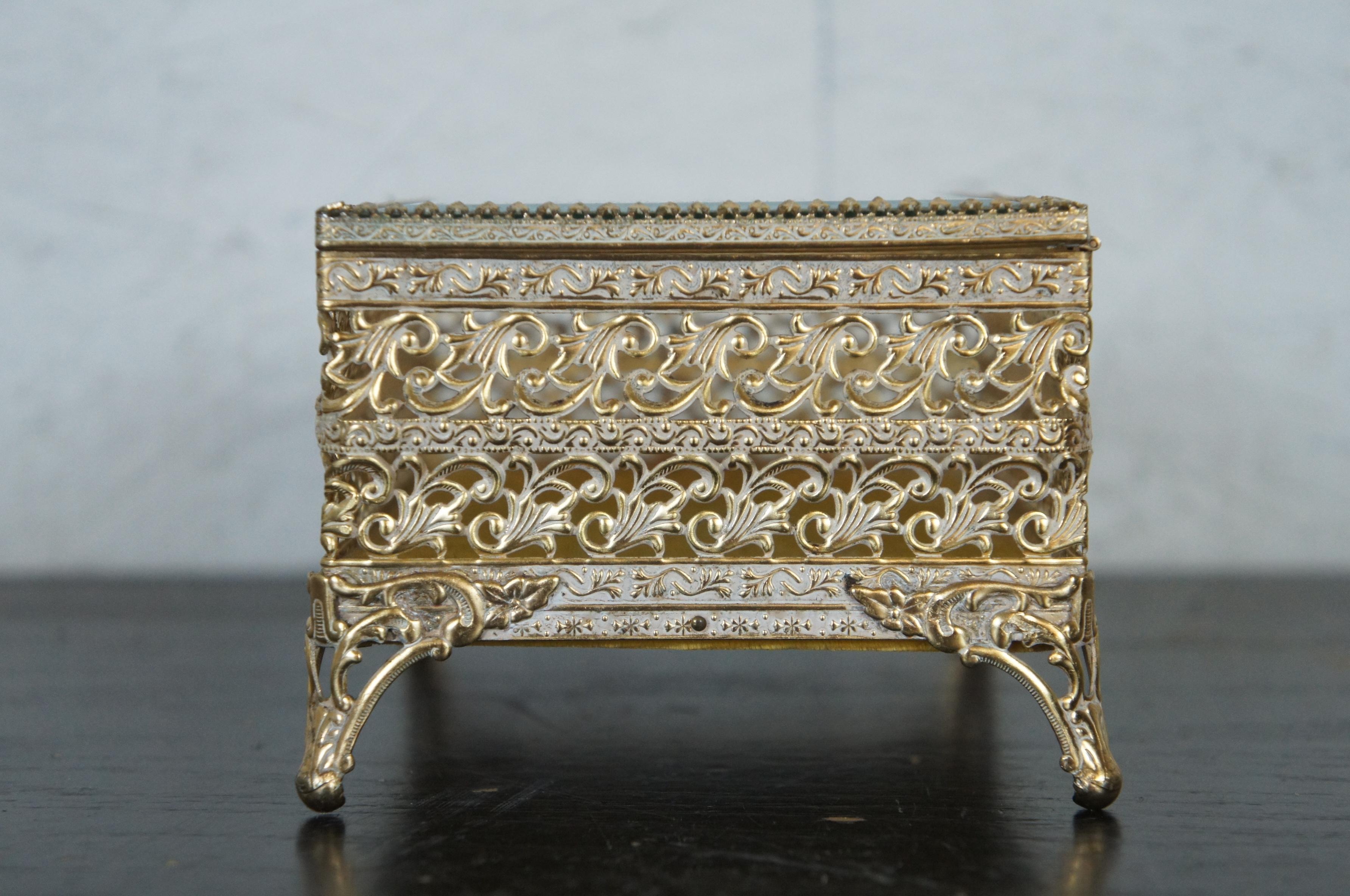 French Regency Brass Filigree Jewelry Casket Trinket Box with Beveled Glass In Good Condition In Dayton, OH