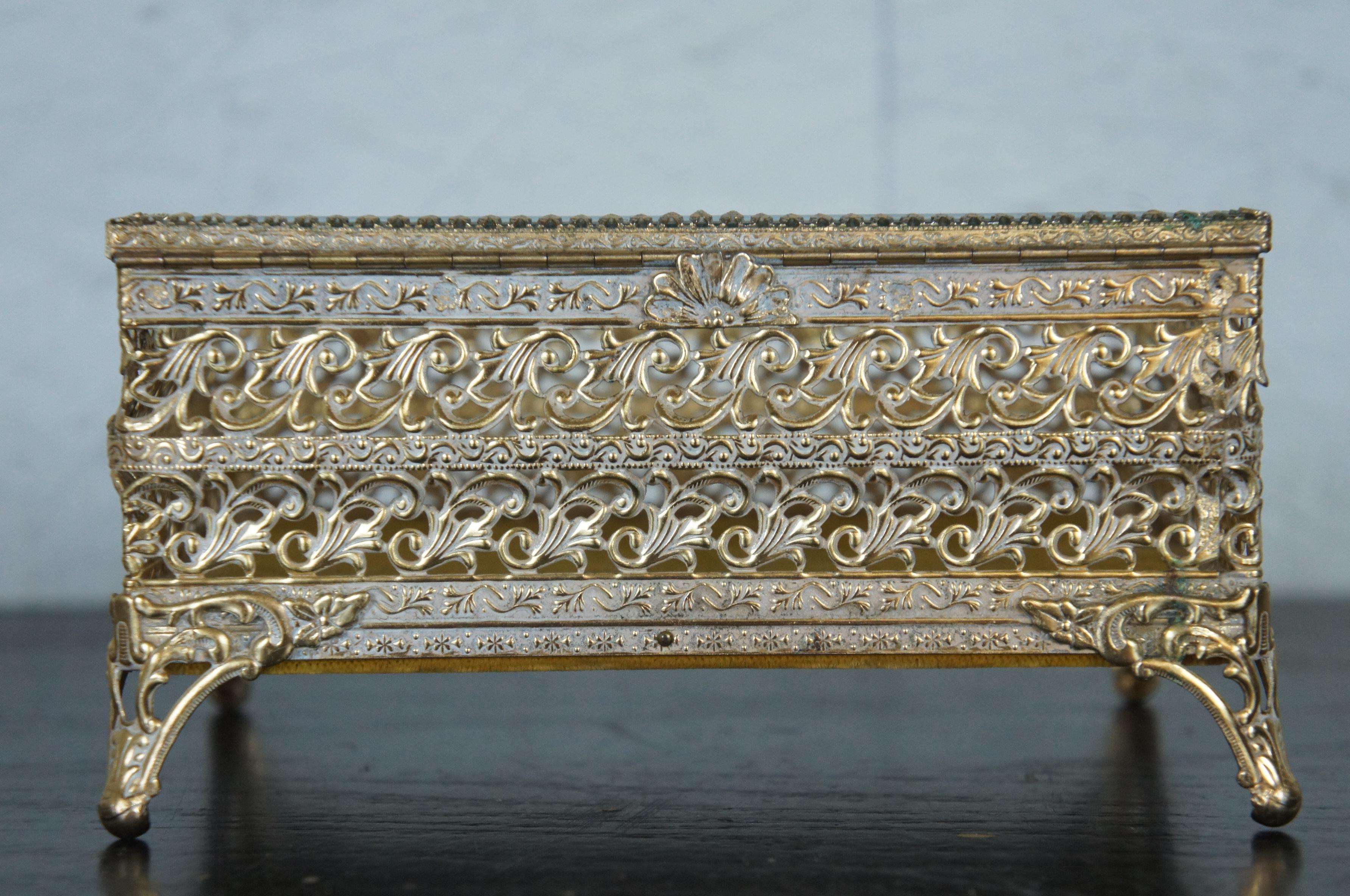 19th Century French Regency Brass Filigree Jewelry Casket Trinket Box with Beveled Glass