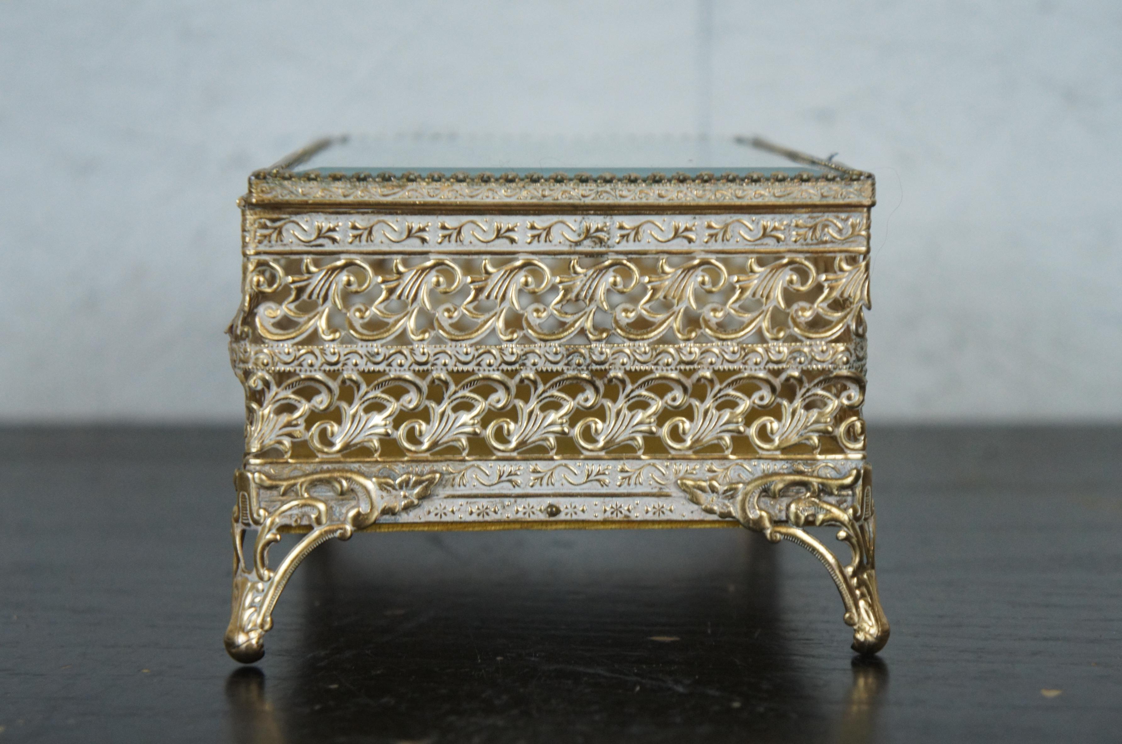 French Regency Brass Filigree Jewelry Casket Trinket Box with Beveled Glass 1