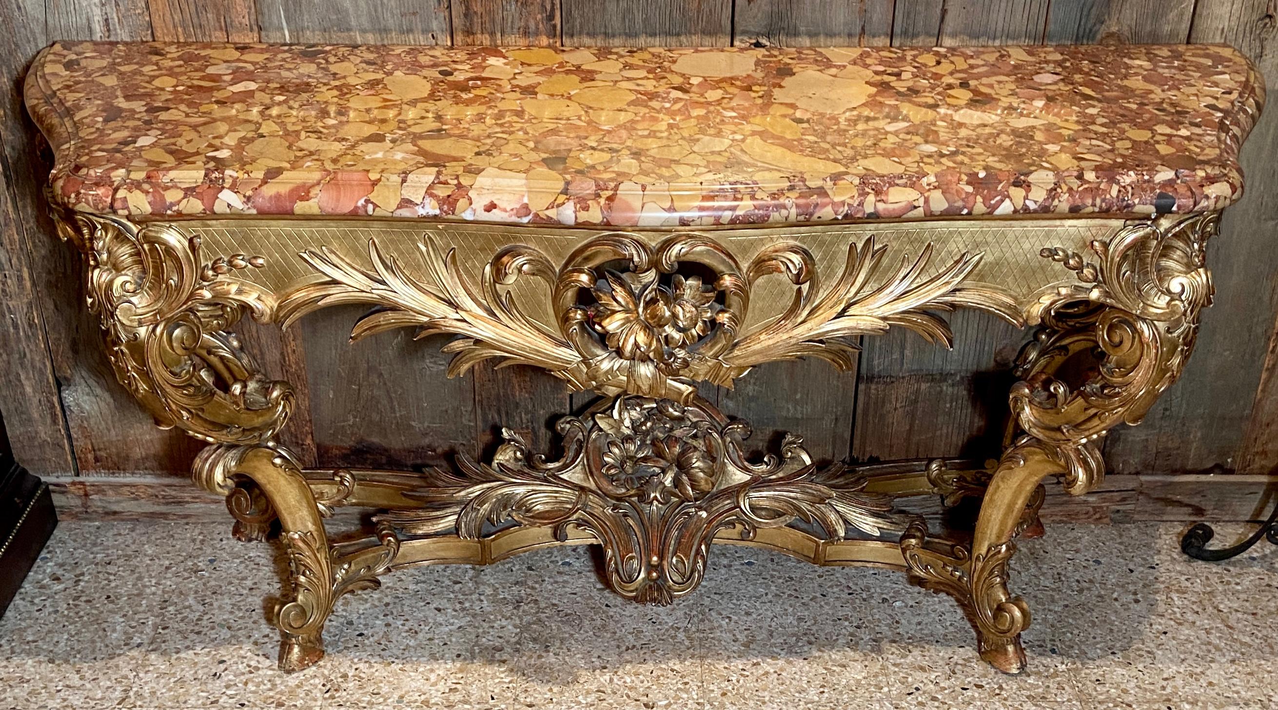 Prächtige antike Konsole im französischen Regency-Stil aus geschnitztem Holz mit Blattgold und Marmorplatte, um 1860.