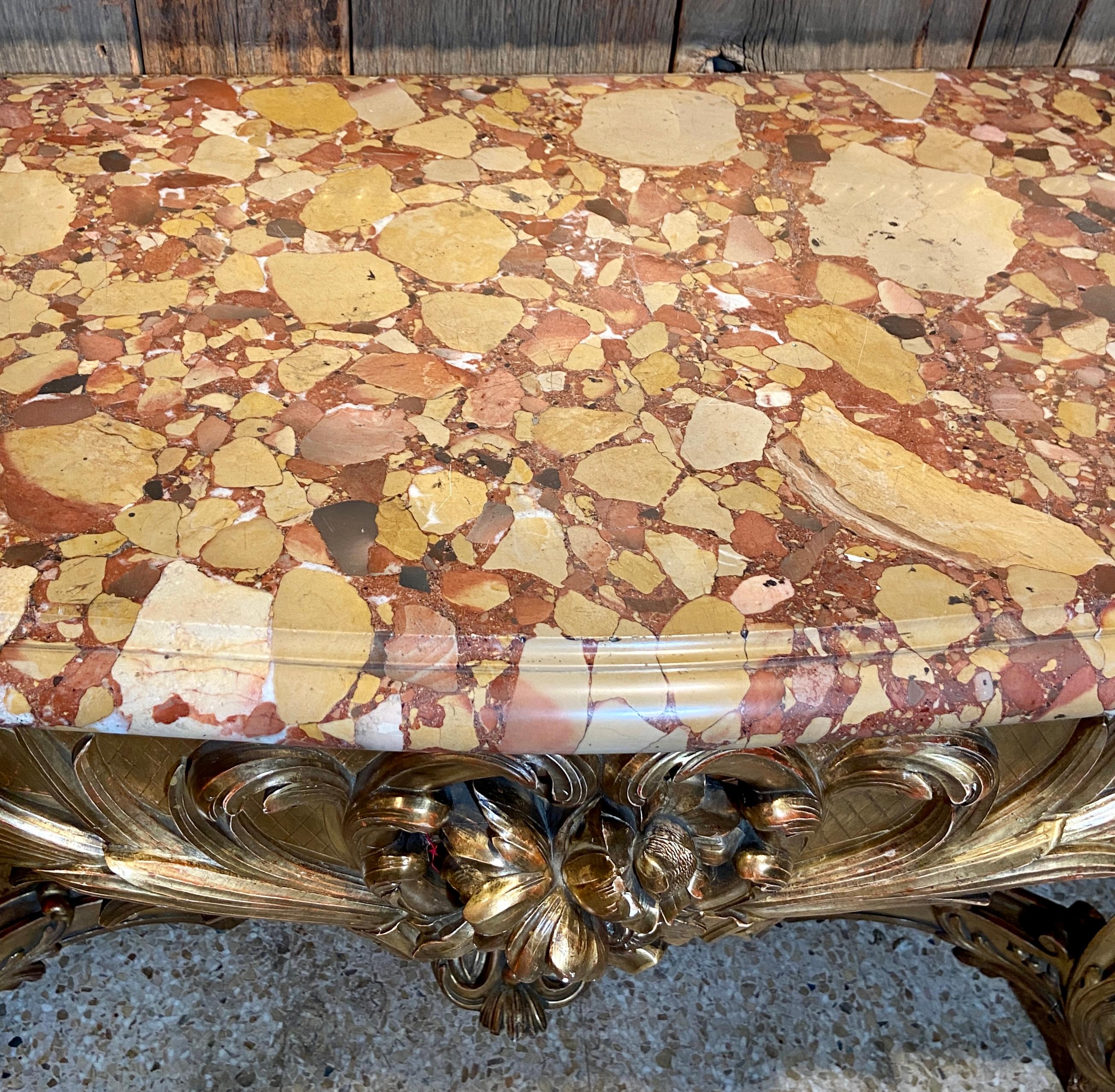 Antique French Regency Carved Wood w/ Gold Leaf & Marble Top Console, Circa 1860 In Good Condition For Sale In New Orleans, LA