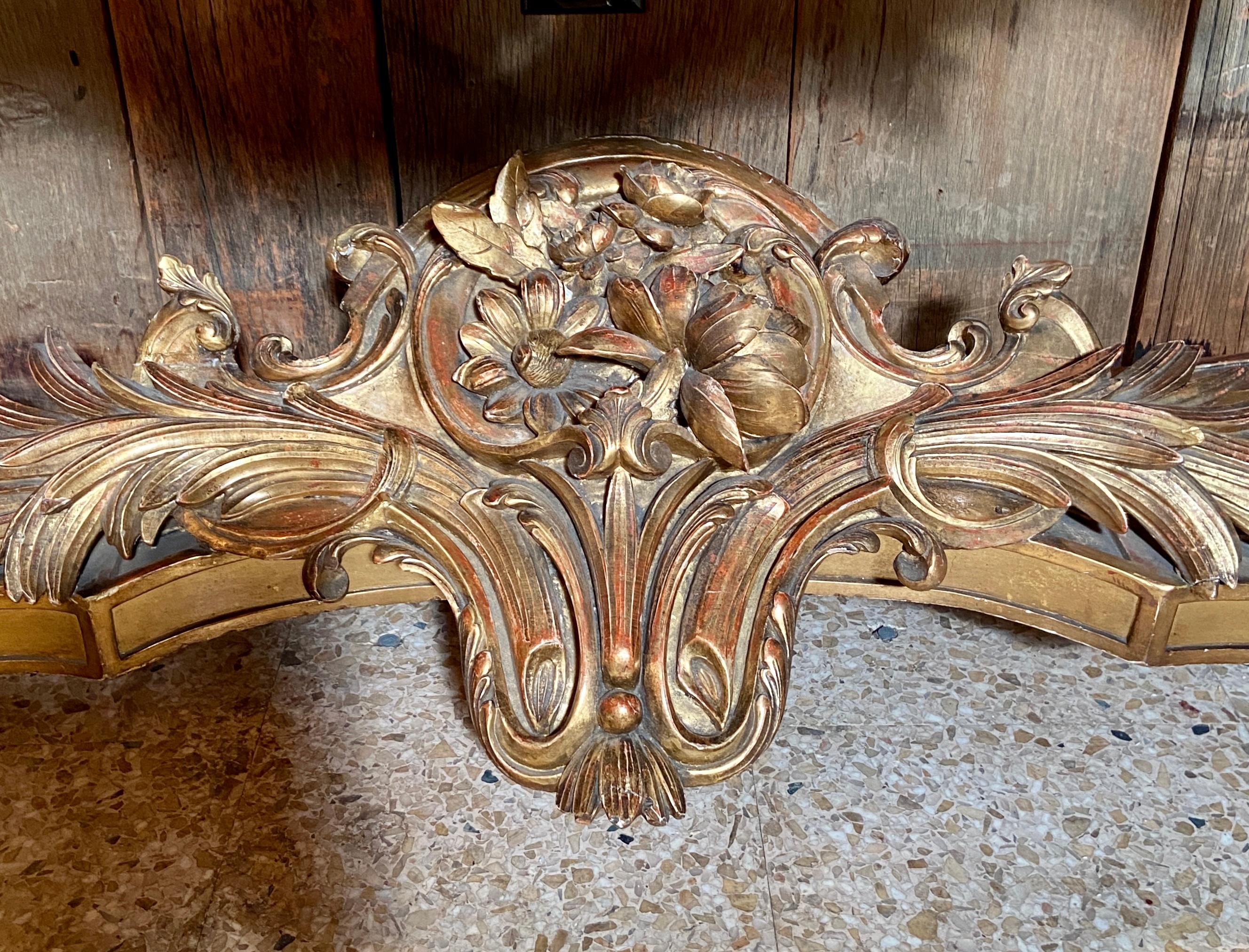 Antique French Regency Carved Wood w/ Gold Leaf & Marble Top Console, Circa 1860 For Sale 1