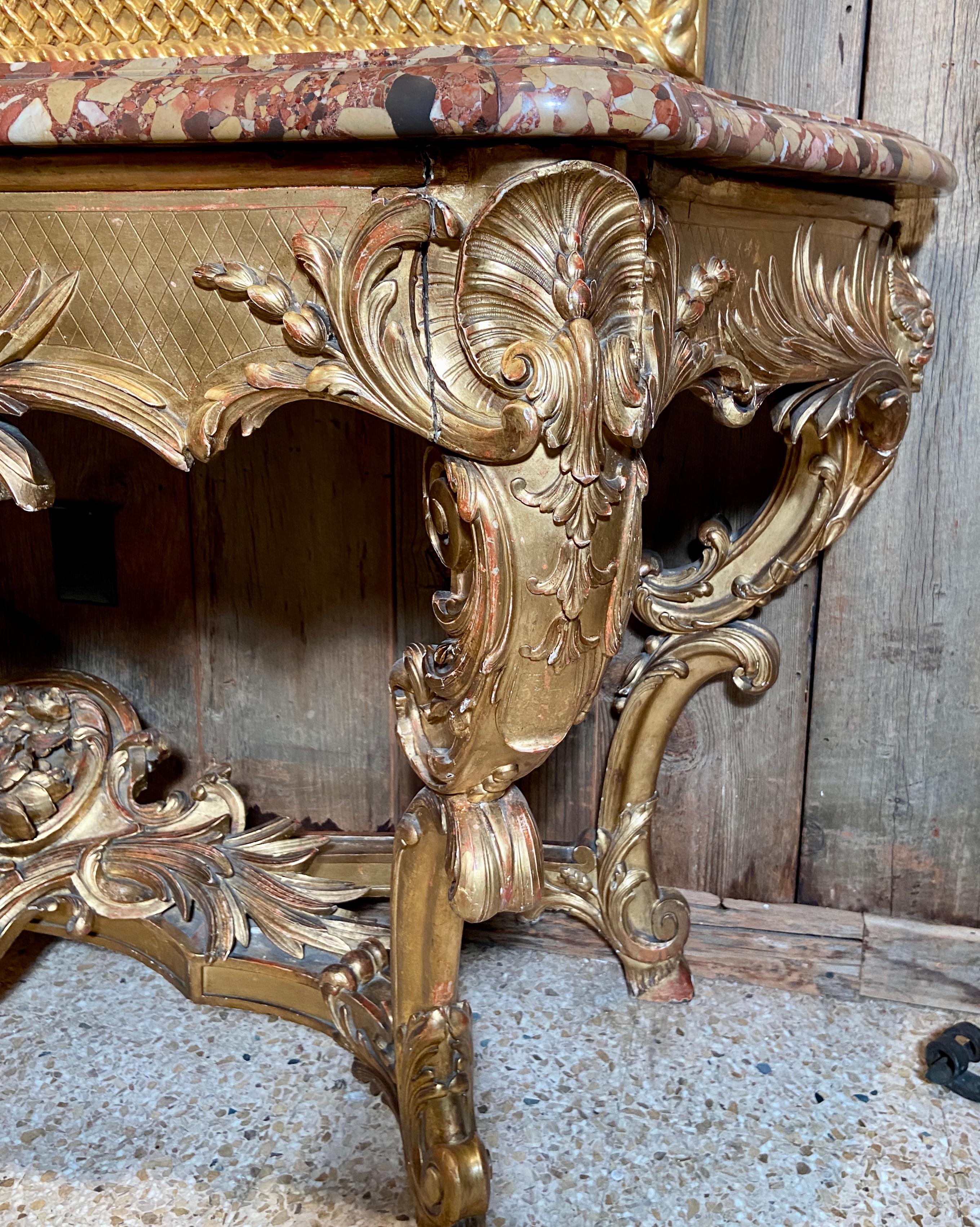 Antique French Regency Carved Wood w/ Gold Leaf & Marble Top Console, Circa 1860 For Sale 2