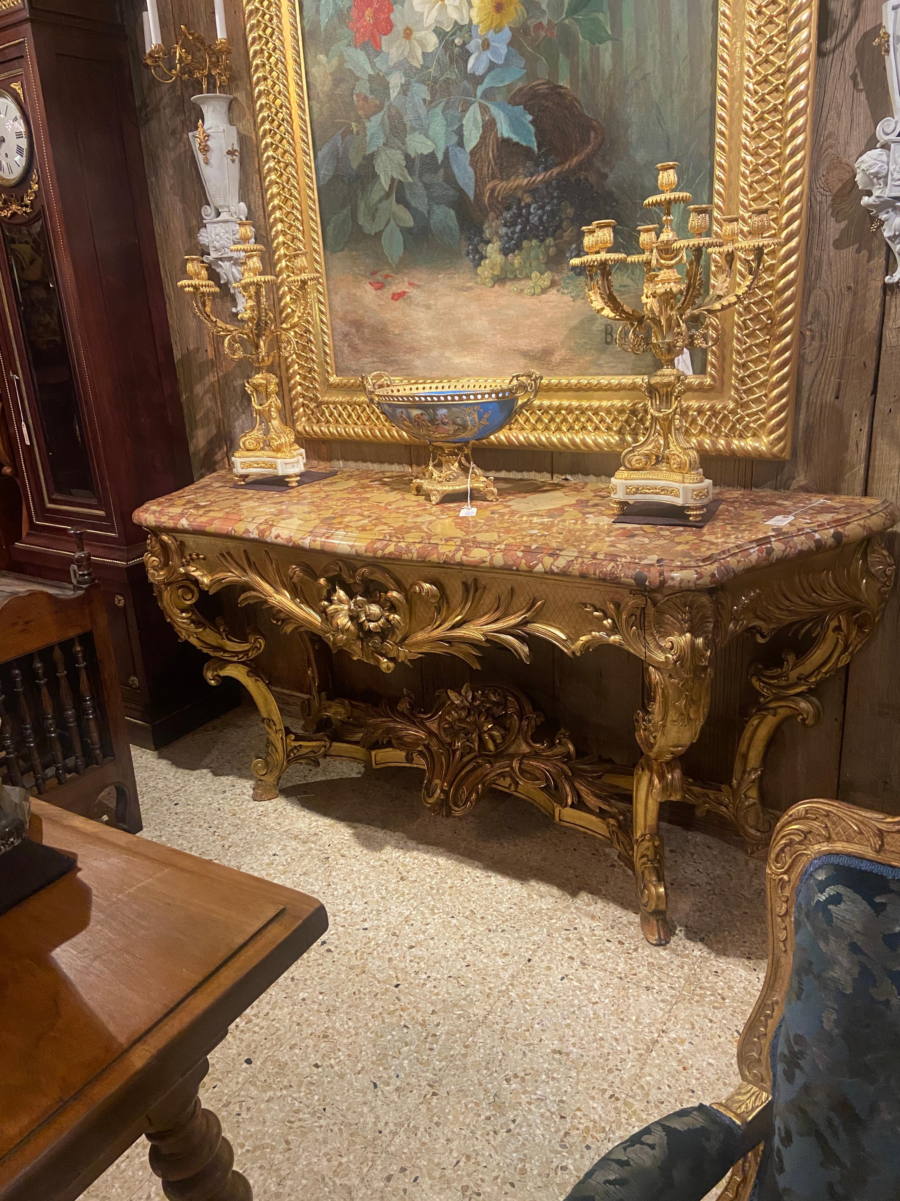 Antique French Regency Carved Wood w/ Gold Leaf & Marble Top Console, Circa 1860 For Sale 3