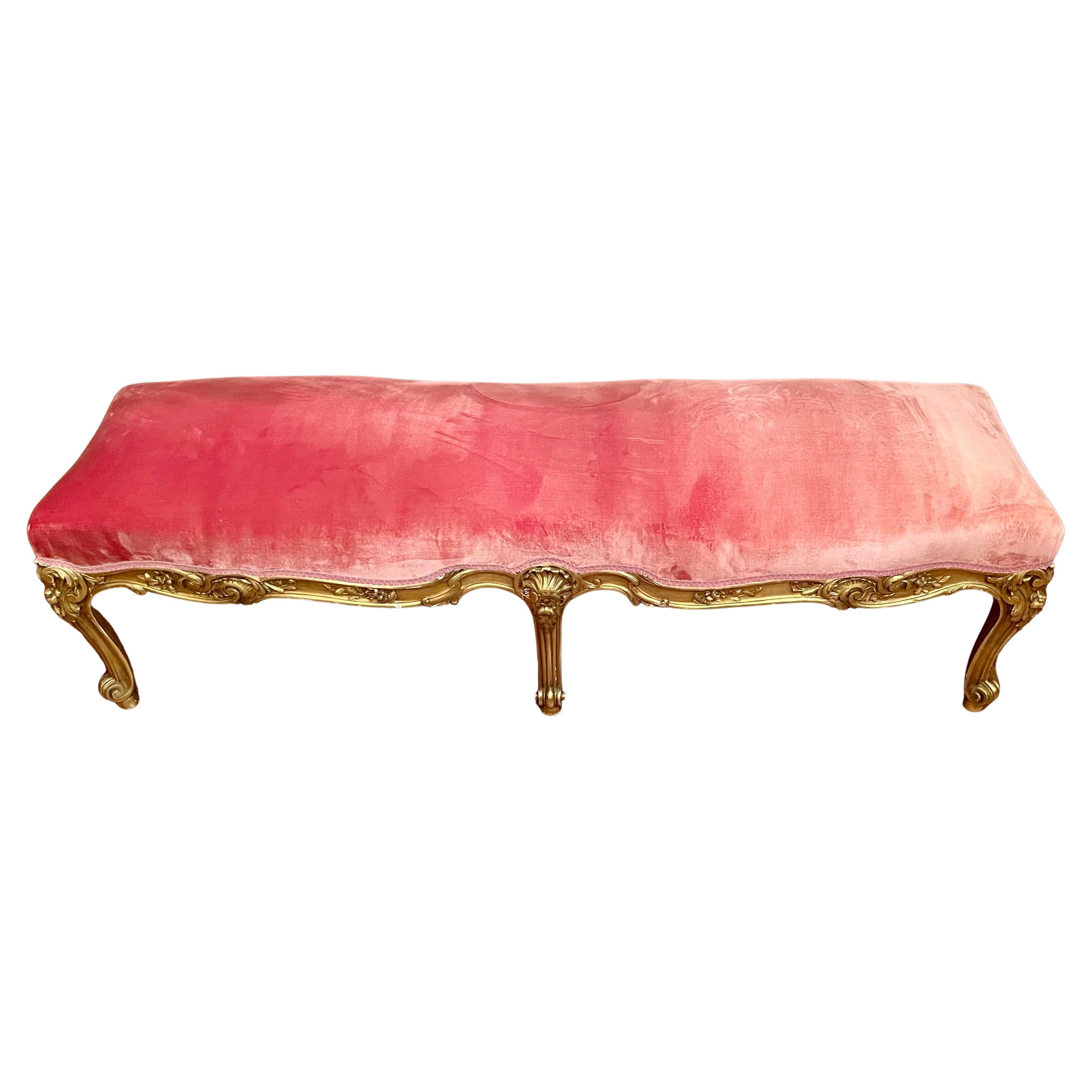 Regency Ancienne banquette ou banc de style Régence française en bois sculpté avec feuilles d'or, vers 1880 en vente