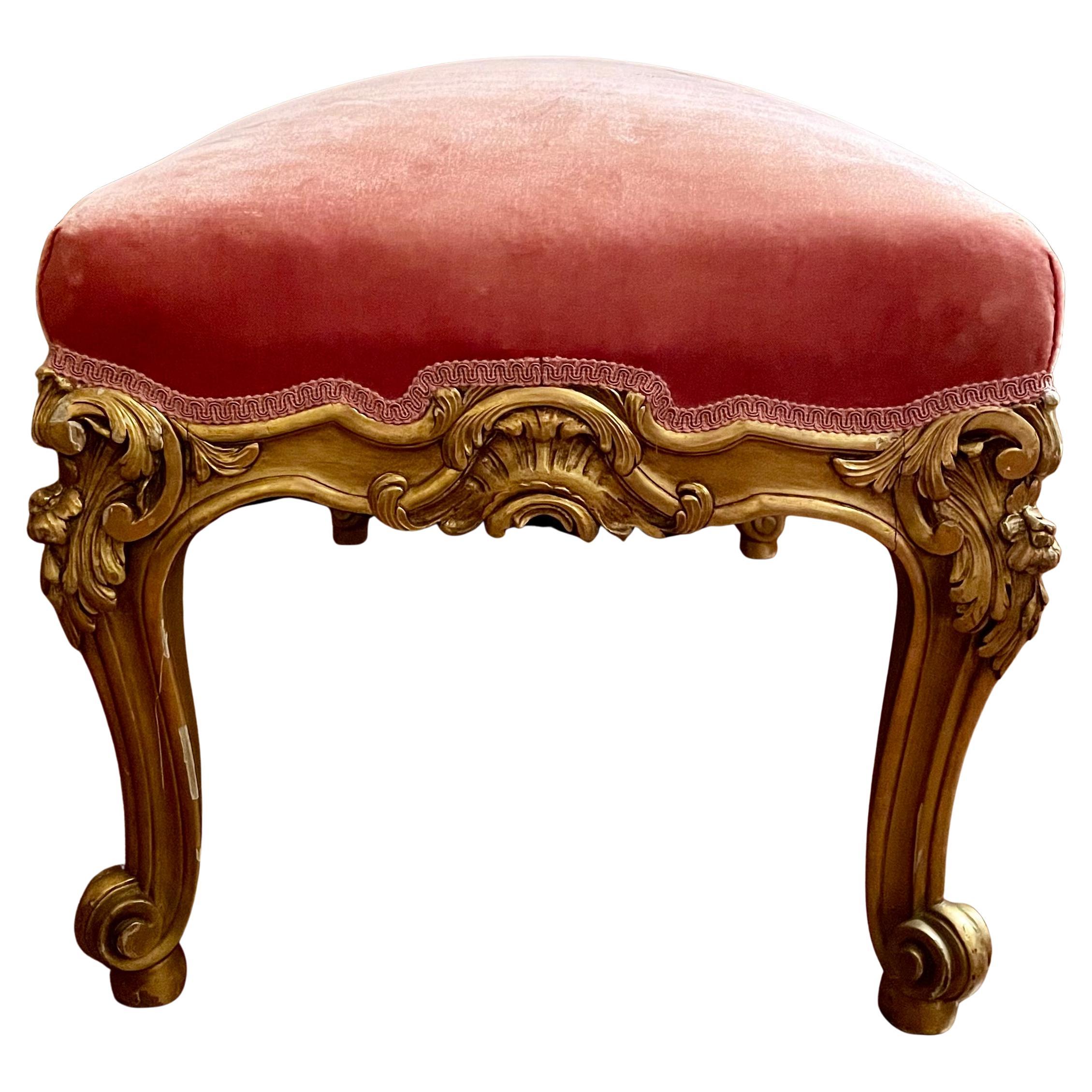 Français Ancienne banquette ou banc de style Régence française en bois sculpté avec feuilles d'or, vers 1880 en vente