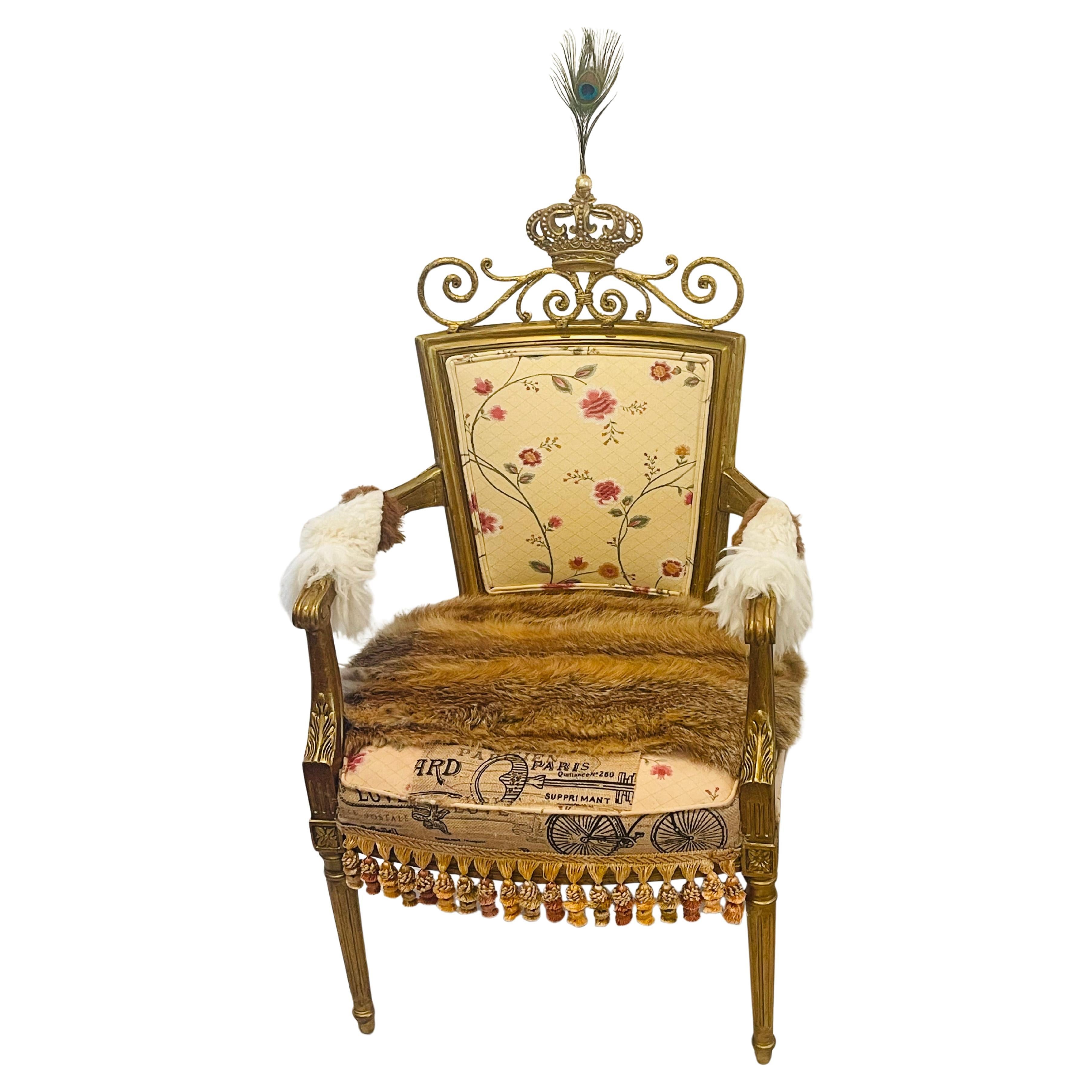 French Regency Royal Gold Armchair with Red Fox Fur and Crown For Sale
