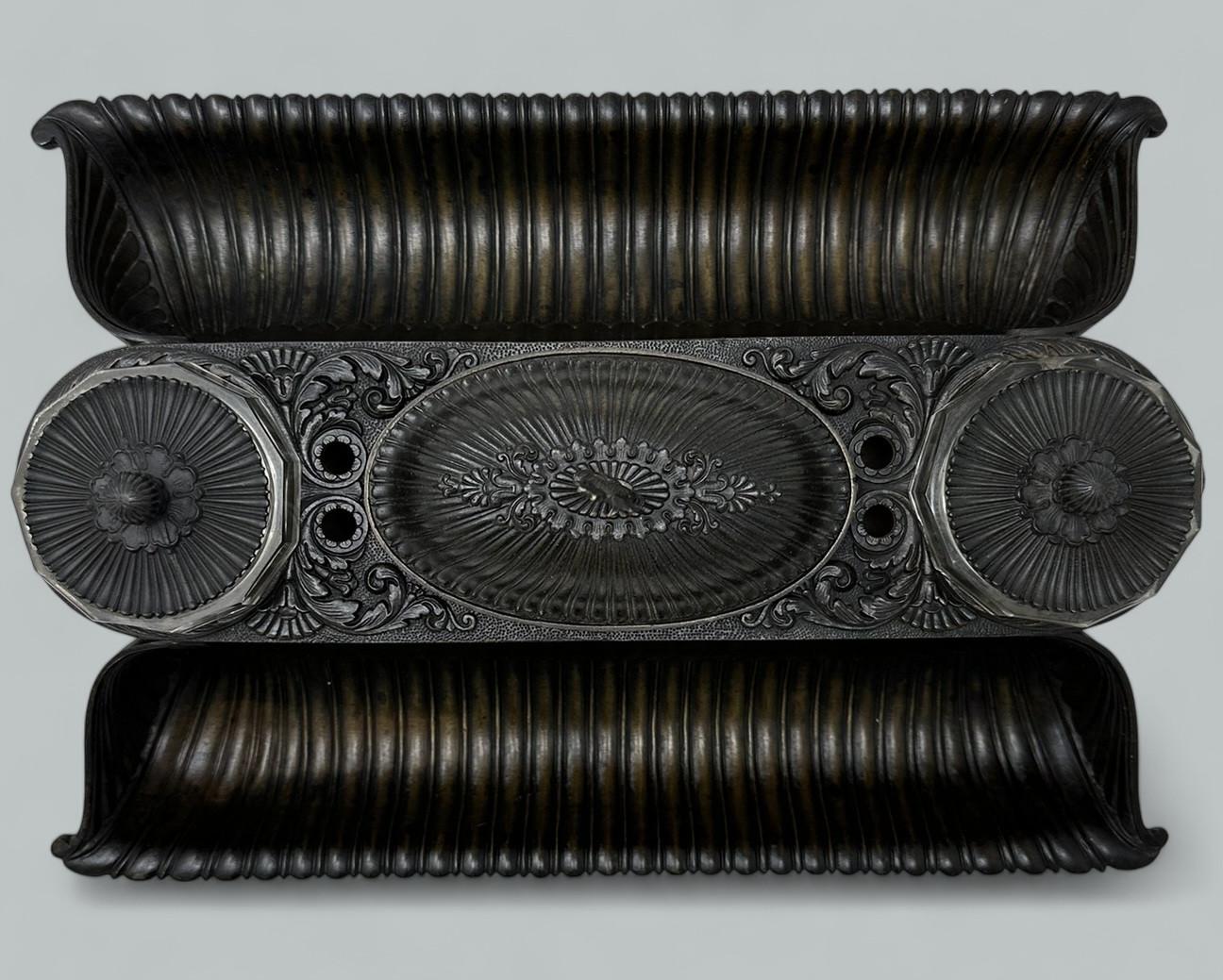 Stunning Heavy Gauge Chisel Cast French Grand Tour German Neo-Classical Bronze and Crystal Ink Stand of Museum Quality and generous proportions. First quarter of the Nineteenth Century. 

The rectangular bronze body with twin trays with stunning