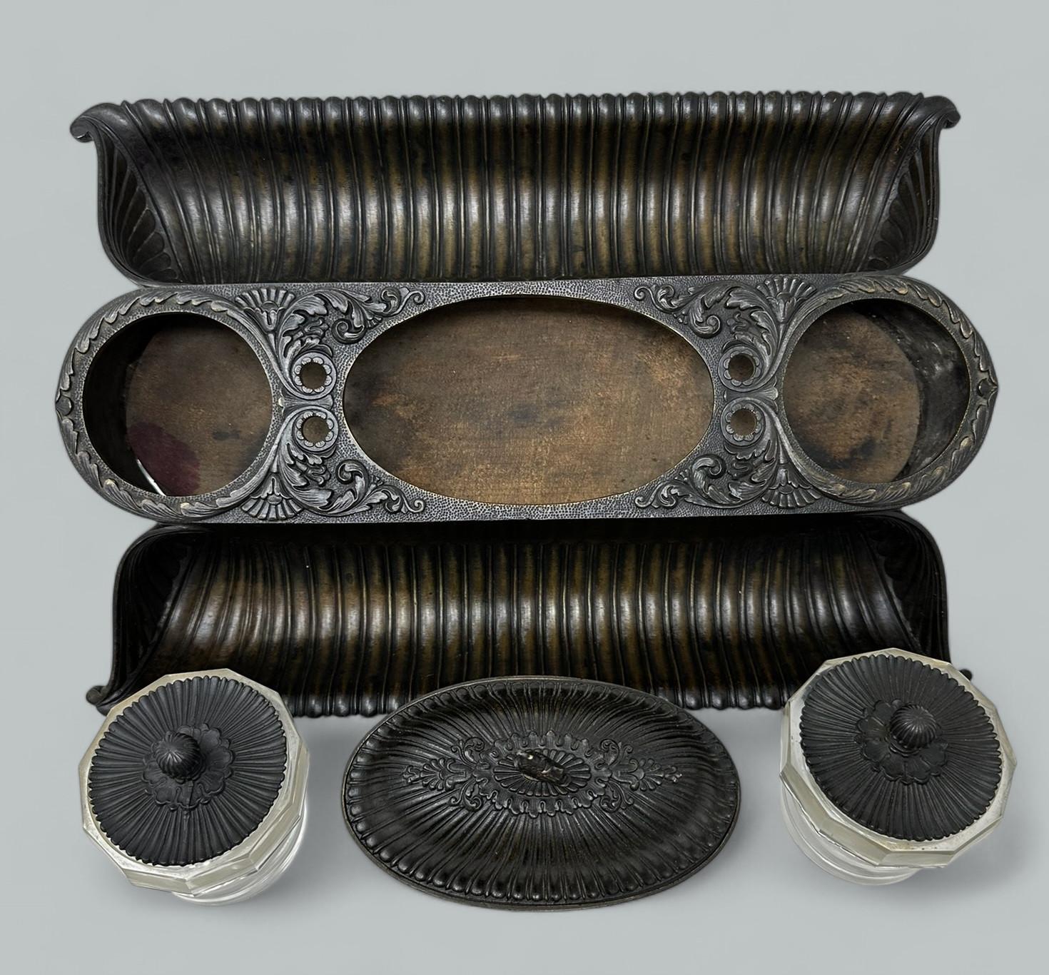 Antique French Regency Grand Tour Bronze Crystal Desk Set Inkstand Encrier 19Ct For Sale 1