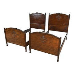 Antique French Regency Louis XVI Carved Mahogany Twin Size Beds, Pair