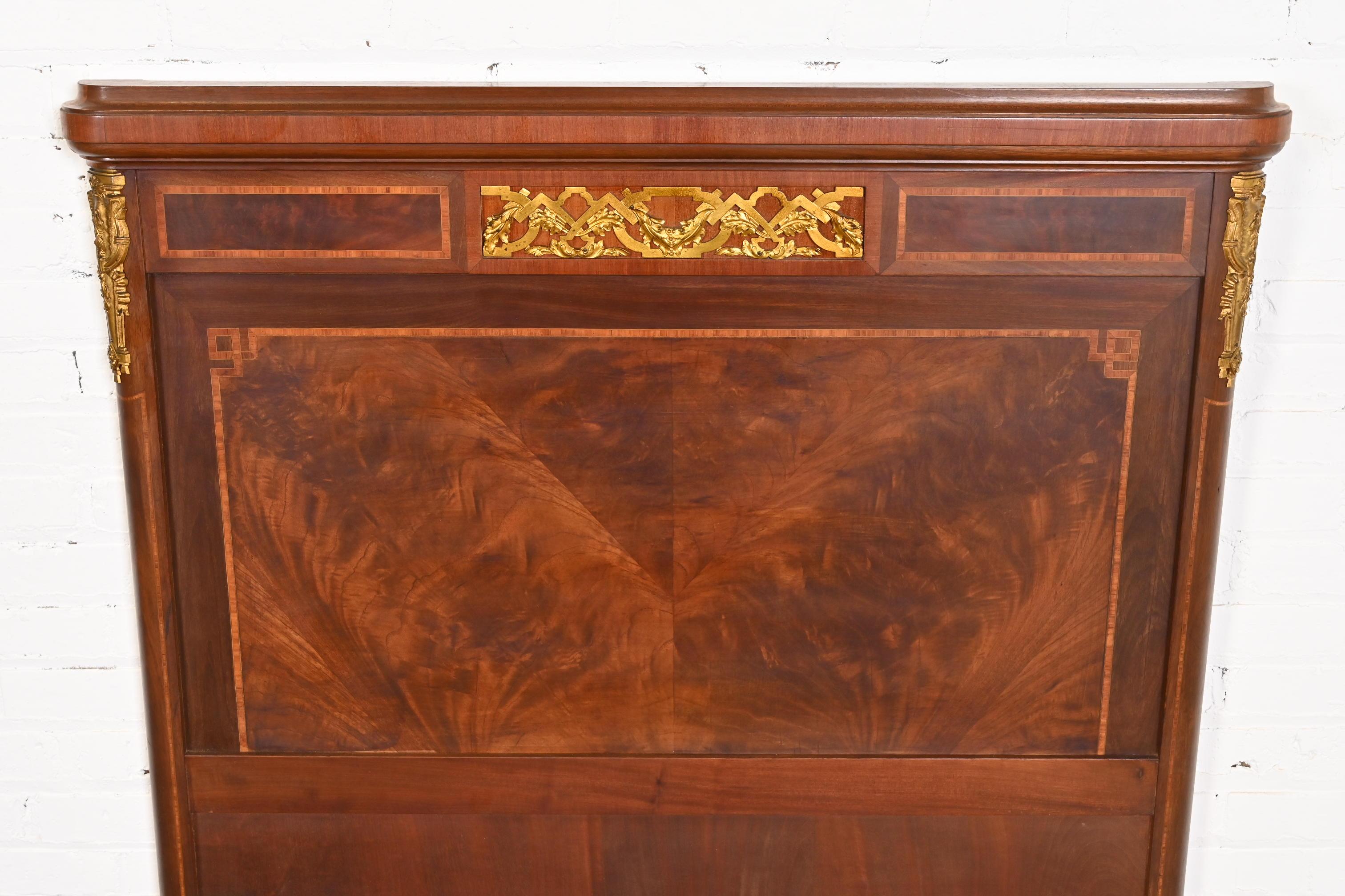 Antique French Regency Louis XVI Inlaid Flame Mahogany Bronze Mounted Twin Beds 6