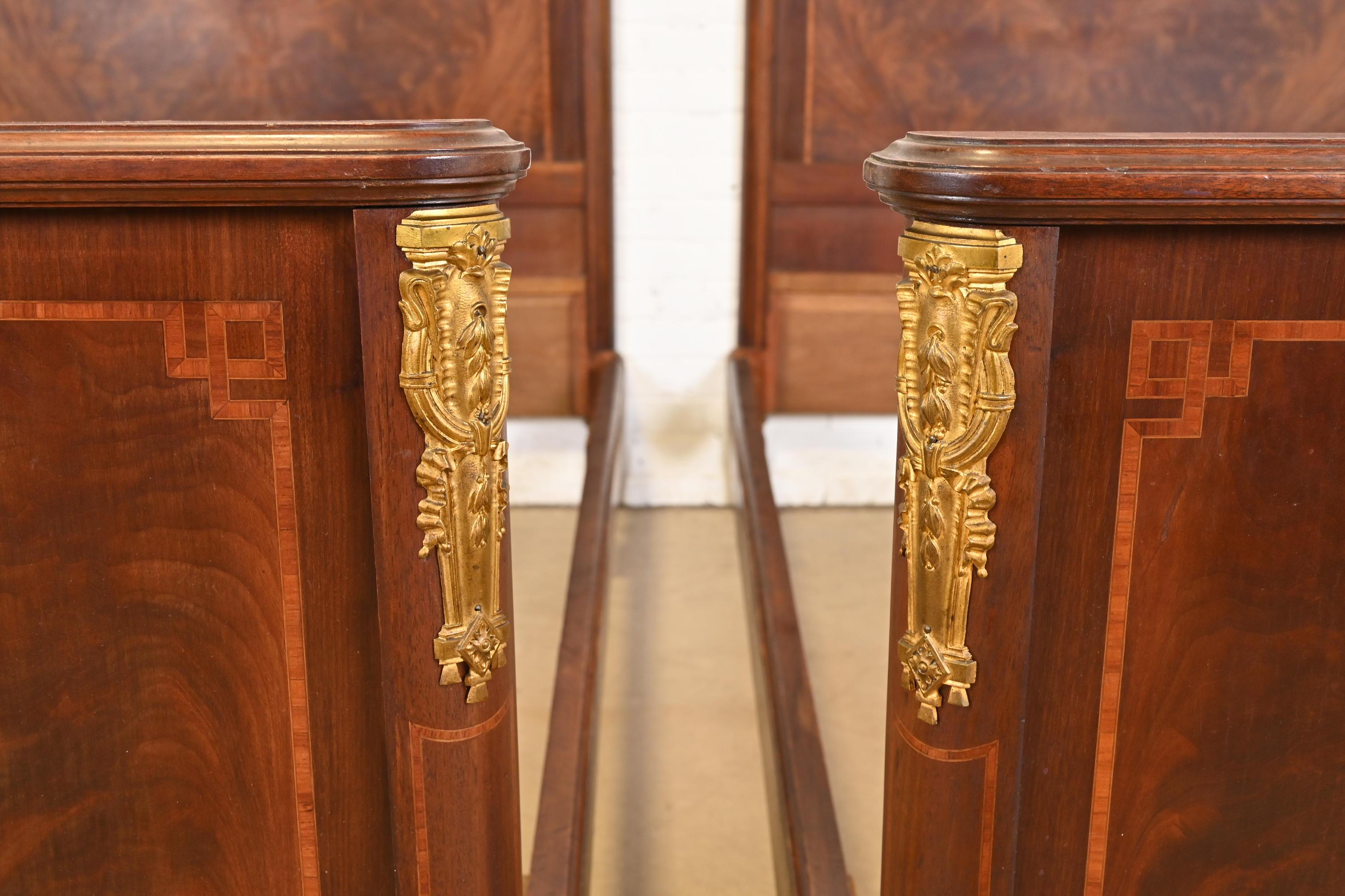 Antique French Regency Louis XVI Inlaid Flame Mahogany Bronze Mounted Twin Beds 5