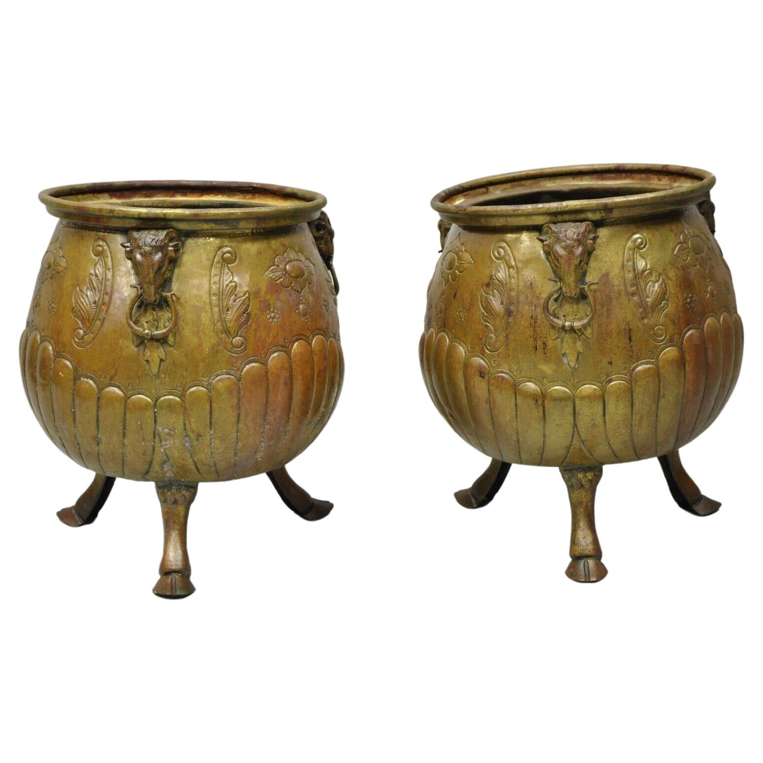 Antique French Regency Neoclassical Rams Head Copper Planter Pot - a Pair For Sale