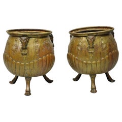 Antique French Regency Neoclassical Rams Head Copper Planter Pot - a Pair