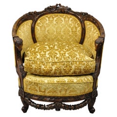 Antique French Regency Ram Head Kissing Birds Figural Mahogany Club Lounge Chair