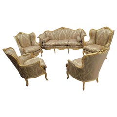 Antique French Regency Style Carved Gilded 5 Piece Parlor Set