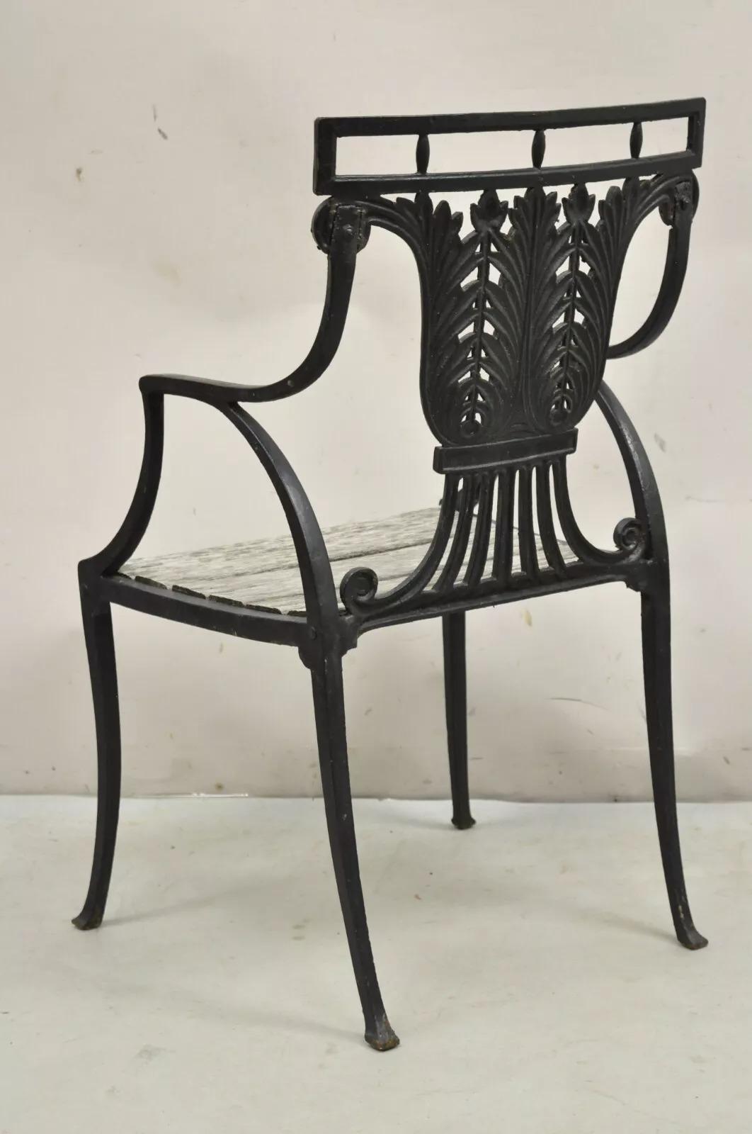 Antique French Regency Style Cast Iron Wooden Slat Garden Arm Chair For Sale 5