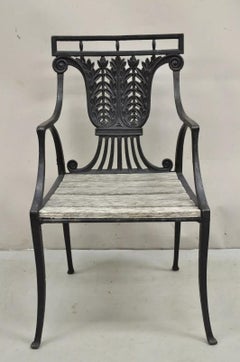 Antique French Regency Style Cast Iron Wooden Slat Garden Arm Chair
