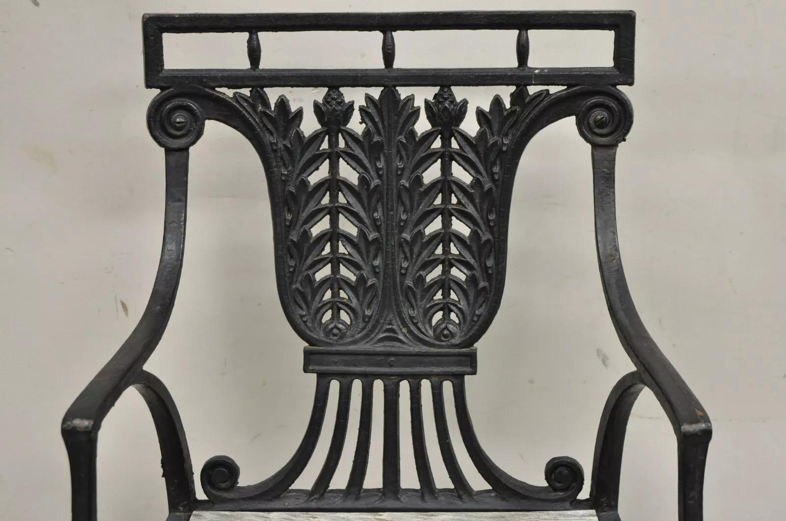 Unknown Antique French Regency Style Cast Iron Wooden Slat Garden Arm Chair For Sale