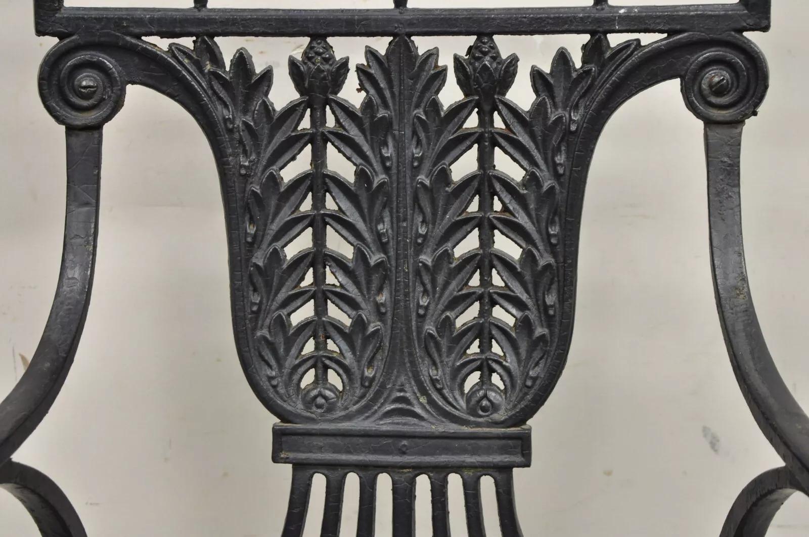 Antique French Regency Style Cast Iron Wooden Slat Garden Arm Chair In Good Condition For Sale In Philadelphia, PA