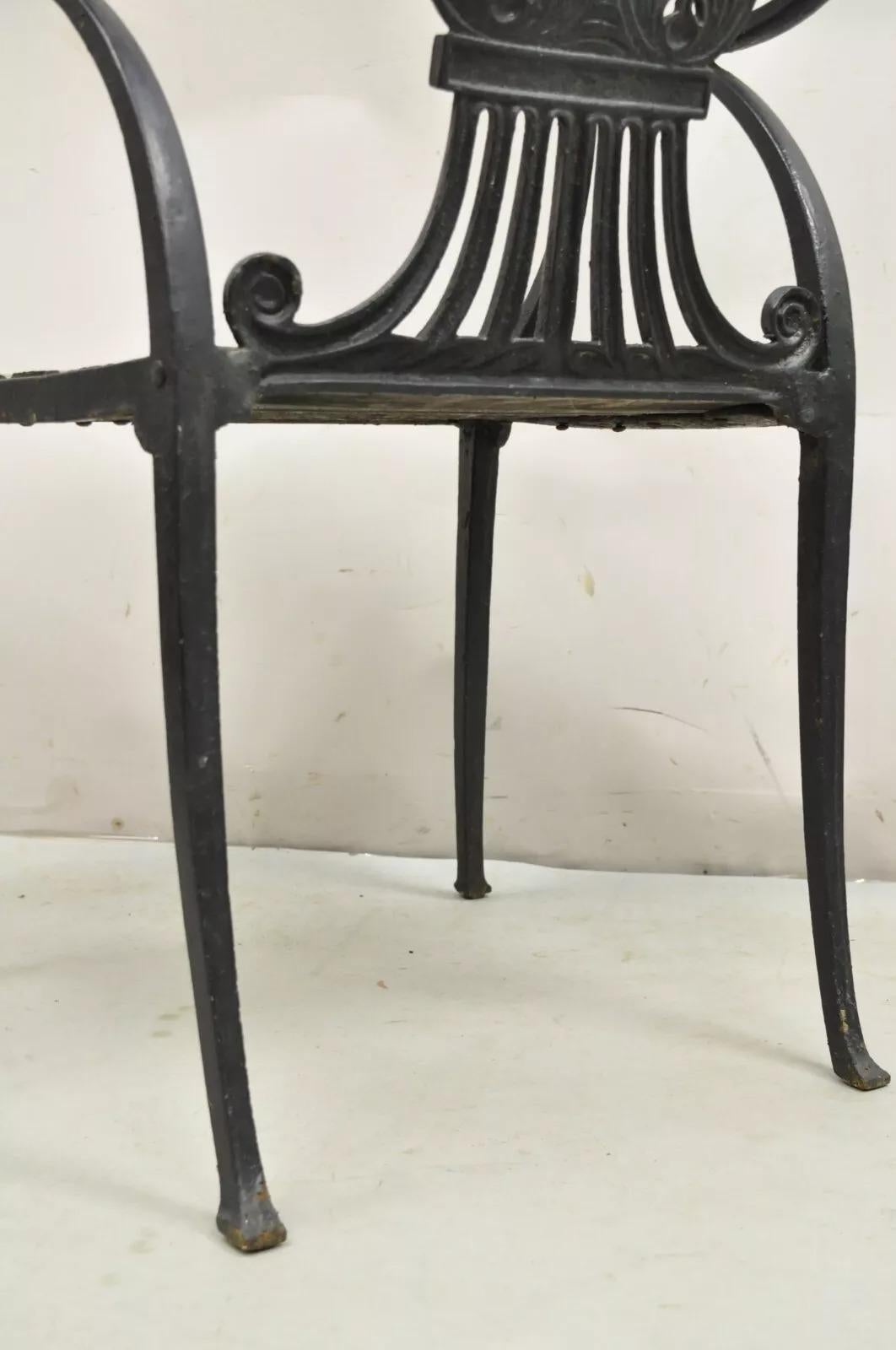 Antique French Regency Style Cast Iron Wooden Slat Garden Arm Chair For Sale 3