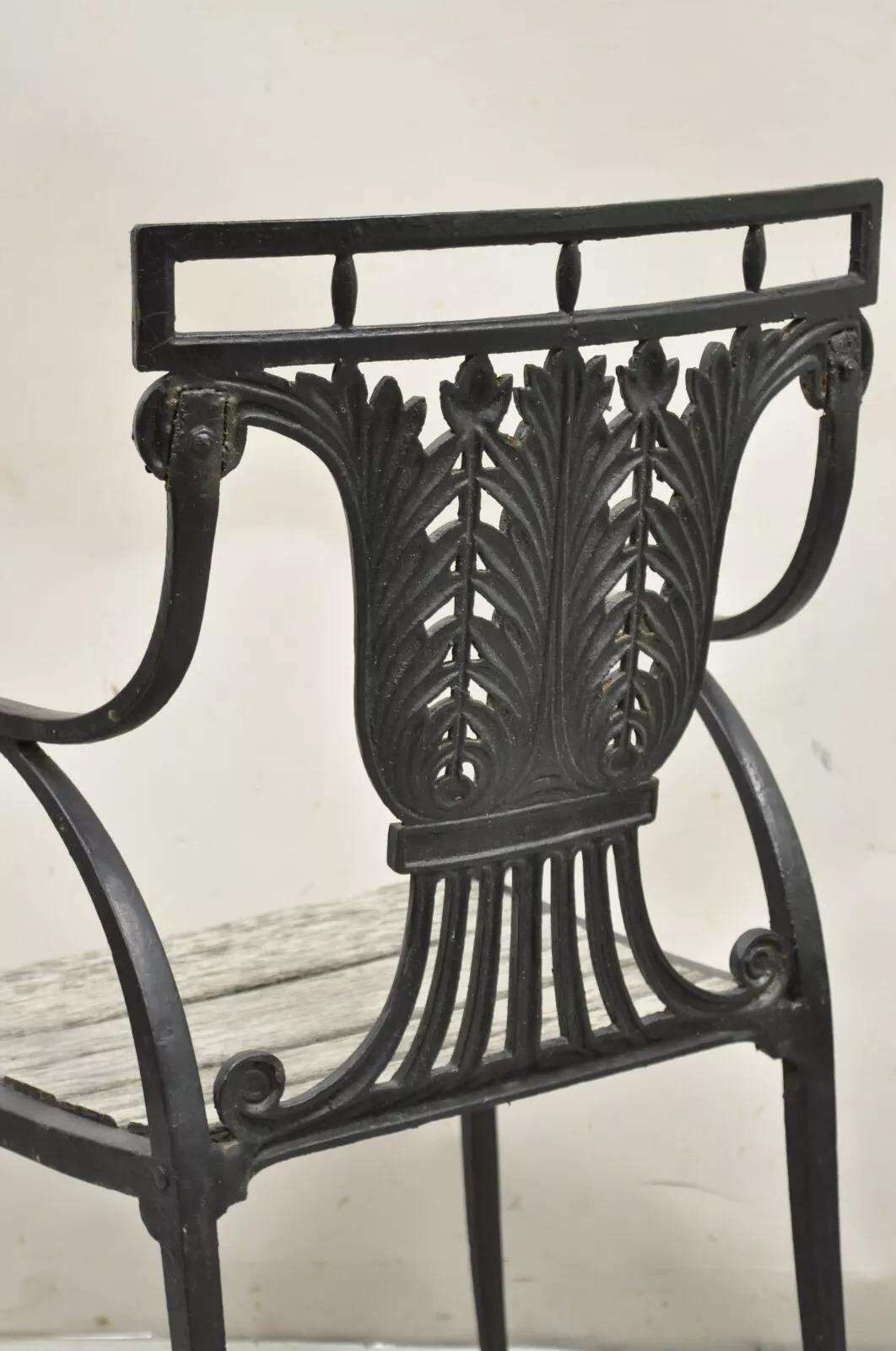 Antique French Regency Style Cast Iron Wooden Slat Garden Arm Chair For Sale 4