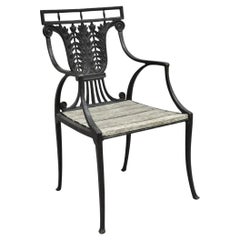 Antique French Regency Style Cast Iron Wooden Slat Garden Arm Chair