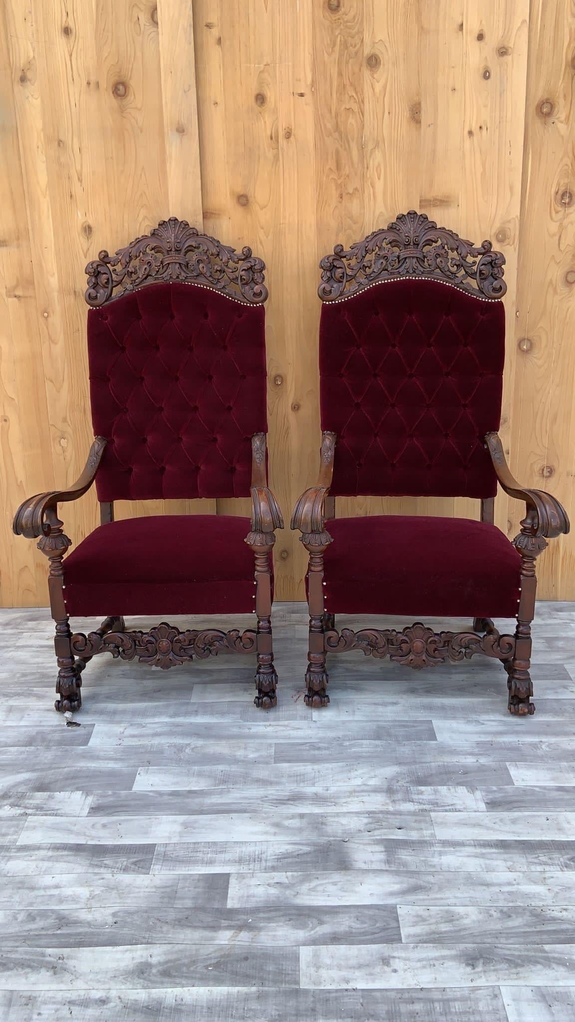 Antique French Regency Style Caved Walnut Throne Chairs Newly Upholstered, Pair For Sale 3